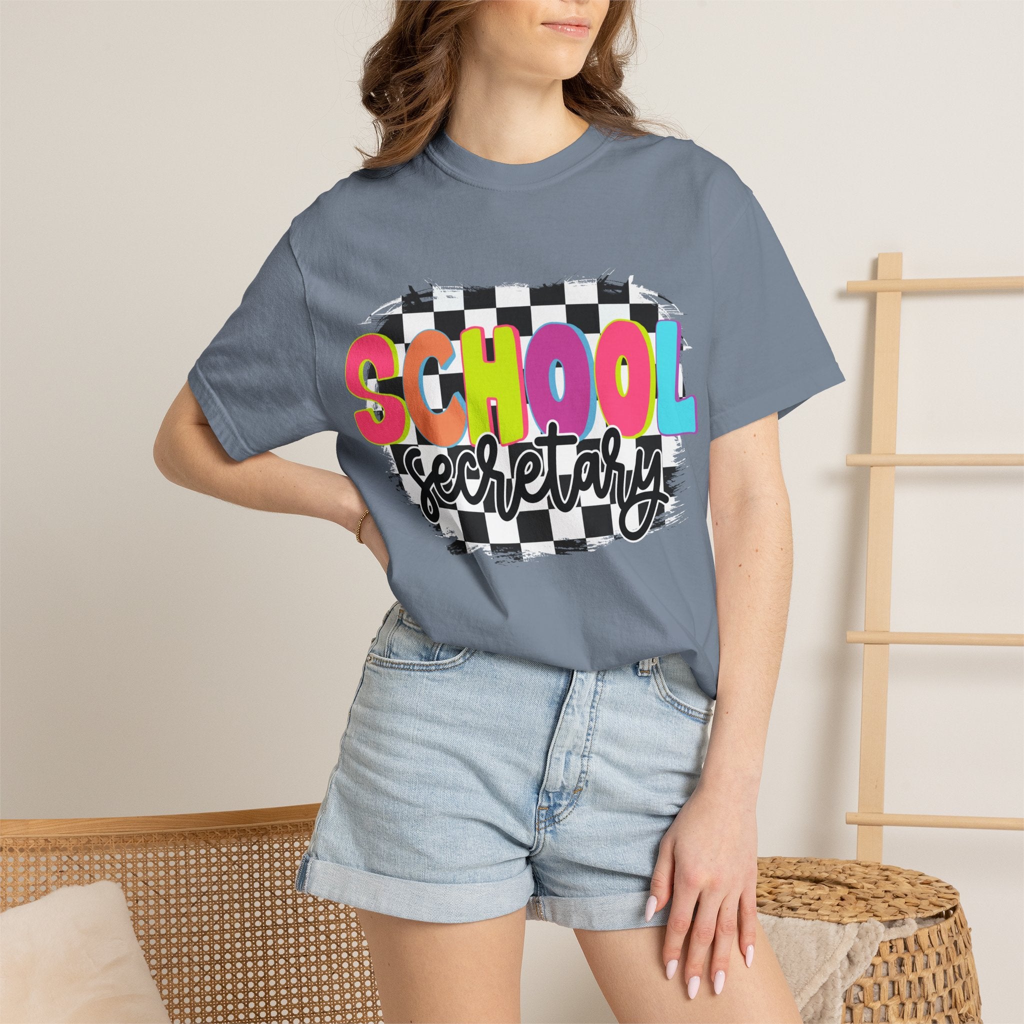 School Secretary T-Shirt — Retro Checkerboard Design