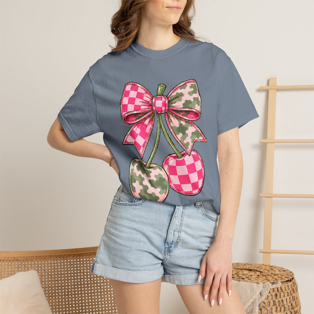 Pink Camo Checker Cherry Tee — Bow Graphic T-Shirt