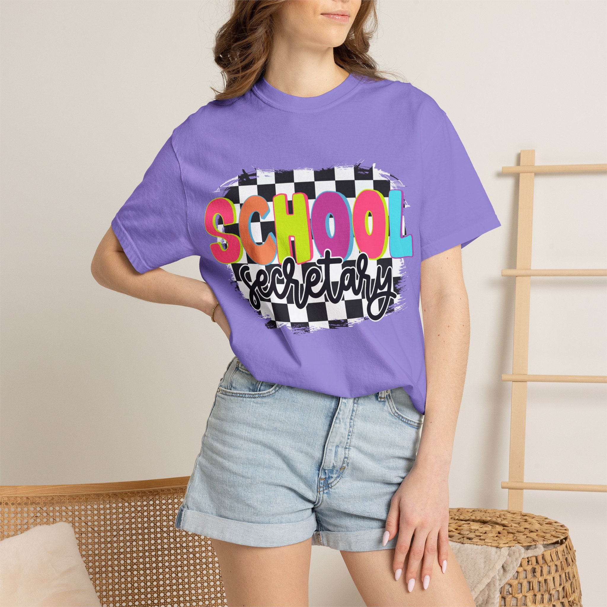 School Secretary T-Shirt — Retro Checkerboard Design