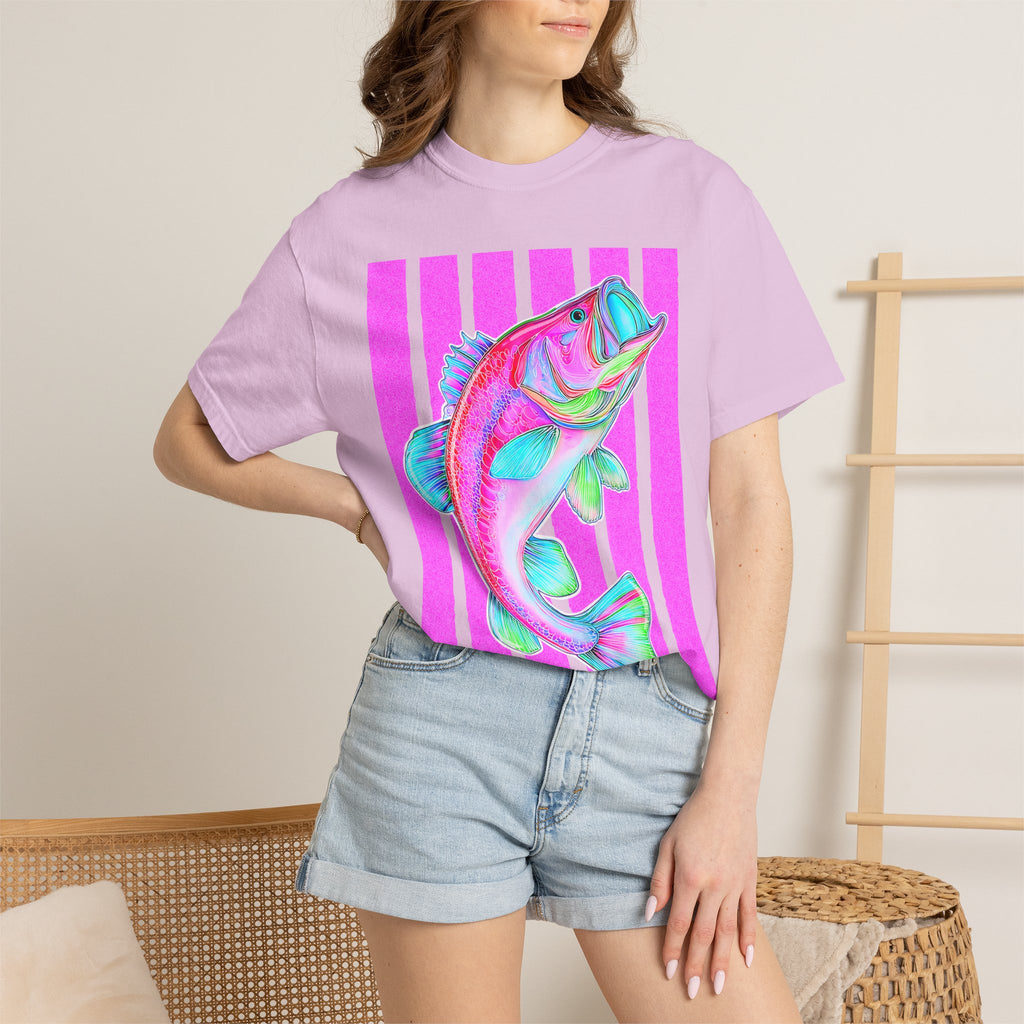 Neon Bass Fish T-Shirt — Retro Pink Stripe Fishing Tee