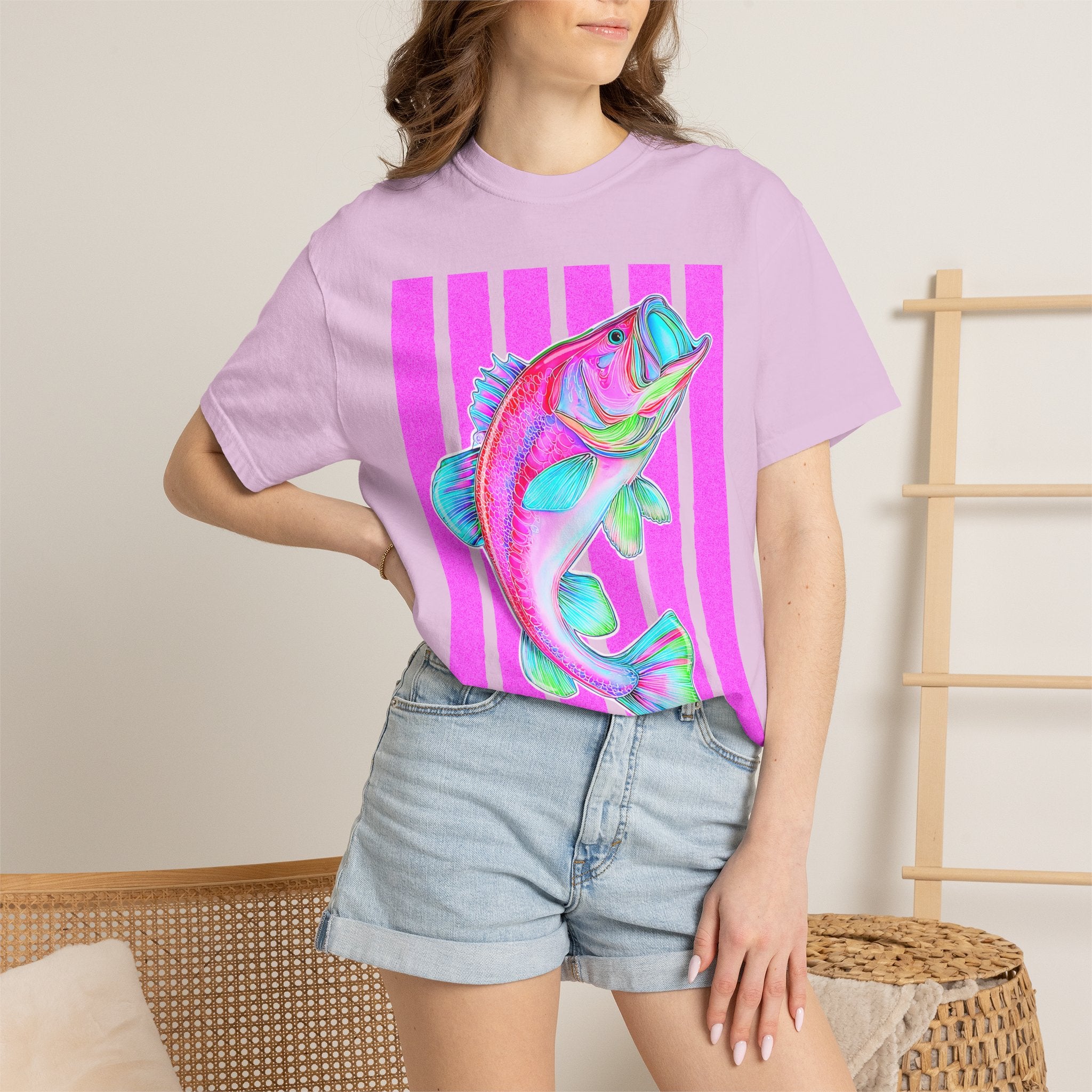 Neon Bass Fish T-Shirt — Retro Pink Stripe Fishing Tee