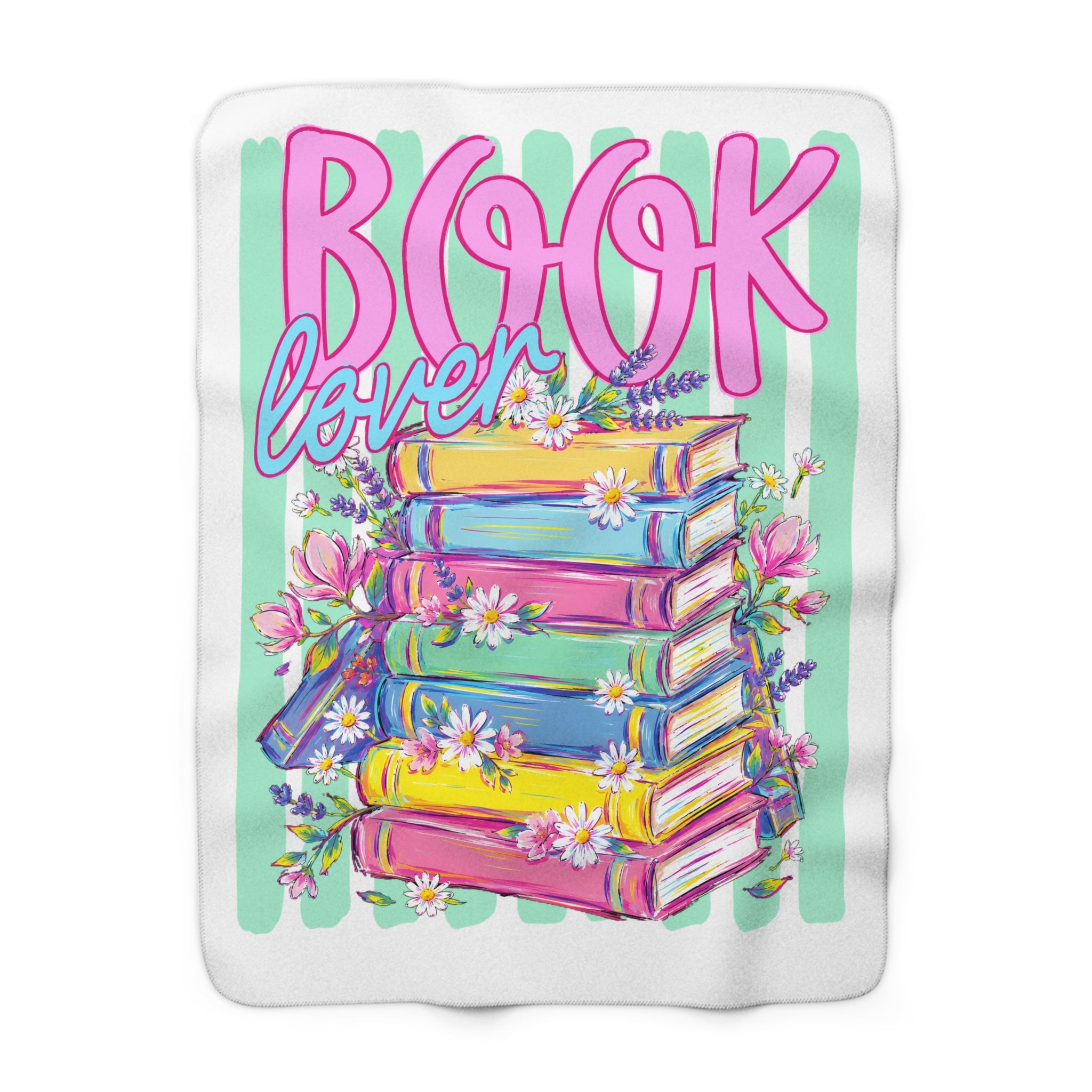 Book Lover Sherpa Blanket — Colorful Stacked Books & Floral Cozy Throw