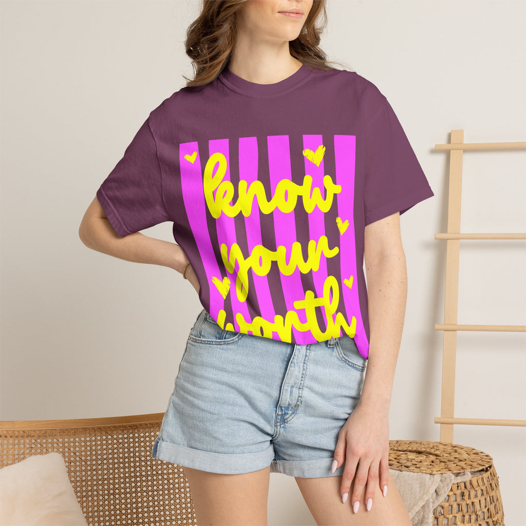 Know Your Worth T-Shirt — Bright Pink Stripe Motivational Tee