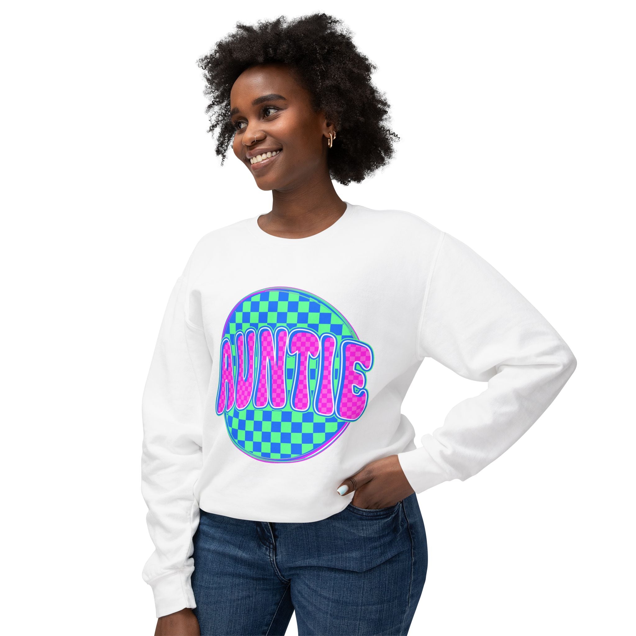 Auntie Graphic Sweatshirt — Retro Checkerboard Neon Design