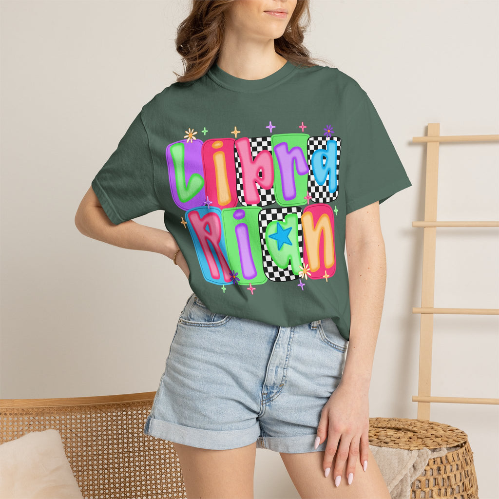 Librarian Retro Bubble Letter T-Shirt — Colorful Checkerboard Book Lover Tee