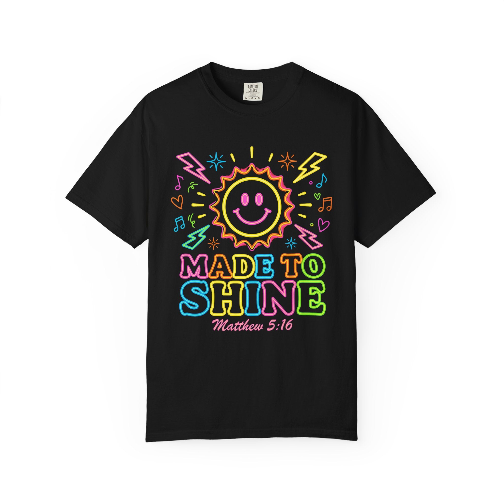 Made to Shine T‑Shirt — Pastel Smiley Sun Christian Graphic (Matthew 5:16)