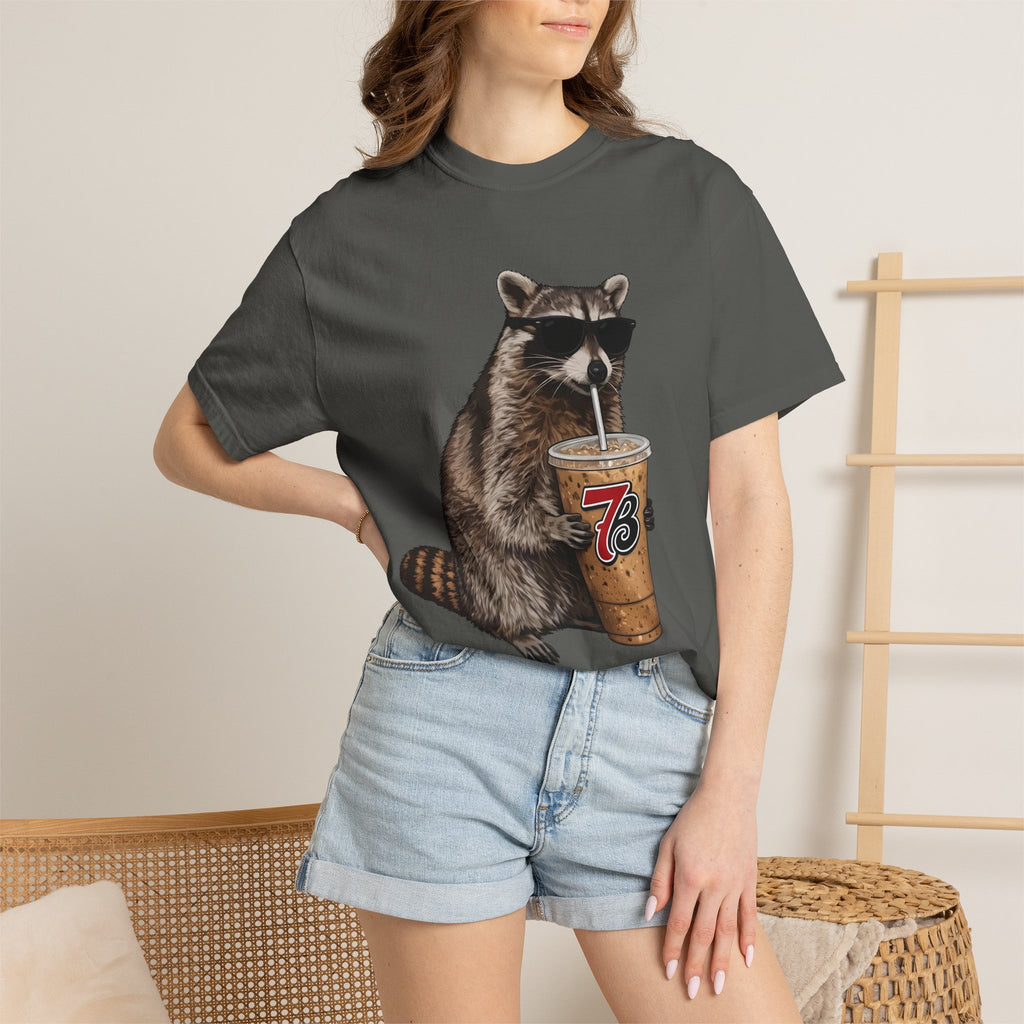 Raccoon Iced Coffee T-Shirt — Cute Raccoon Drinking 76oz Iced Coffee Graphic Tee
