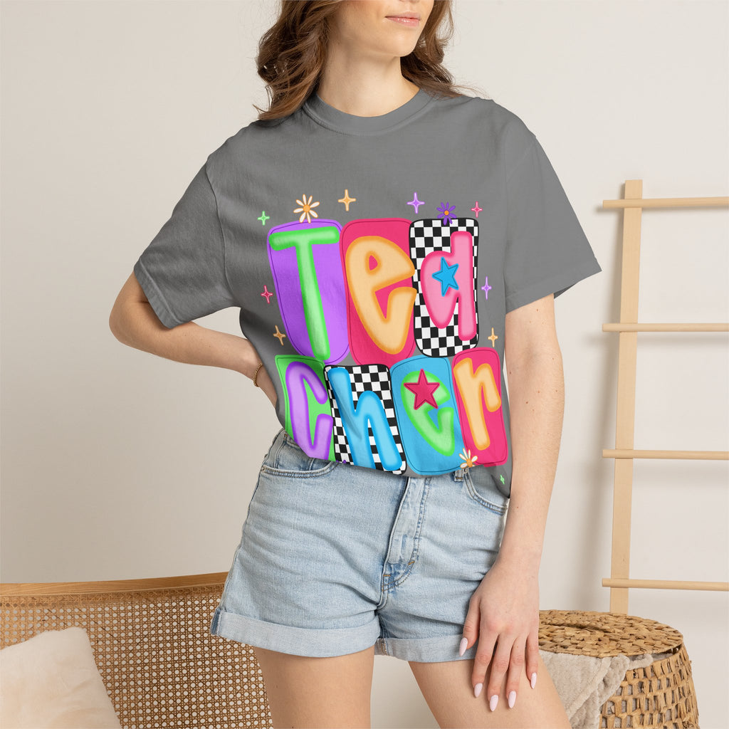 Teacher Retro Bubble Letter T-Shirt — Colorful Checkerboard & Star Teacher Shirt