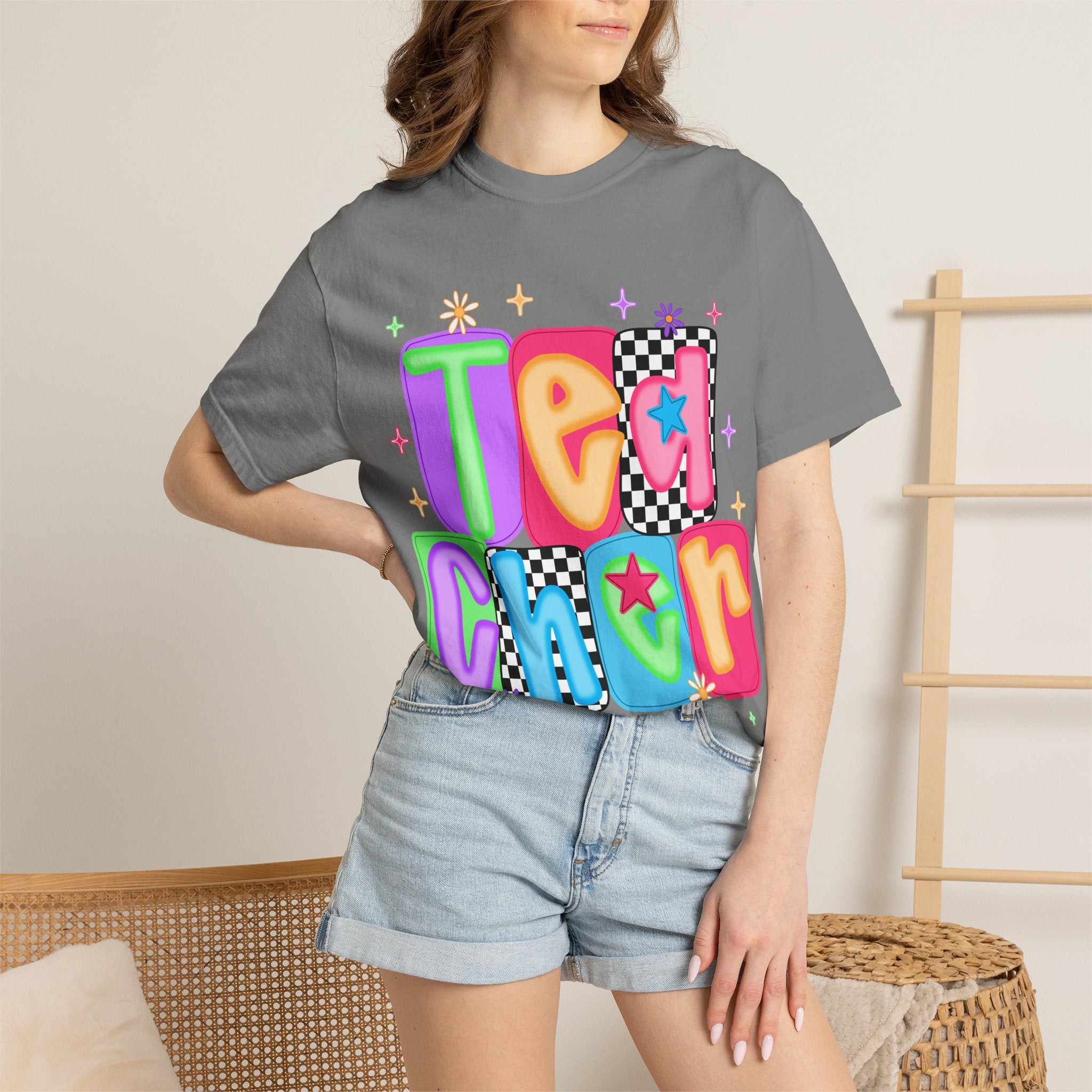 Teacher Retro Bubble Letter T-Shirt — Colorful Checkerboard & Star Teacher Shirt