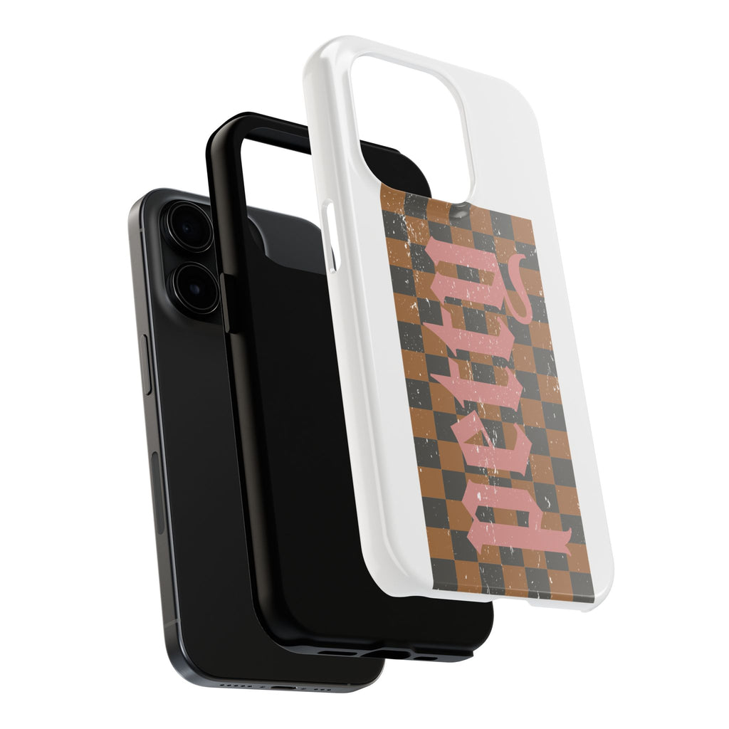 Checkerboard 'Tough' Retro Phone Case — Pink Gothic Text, Grunge Pattern