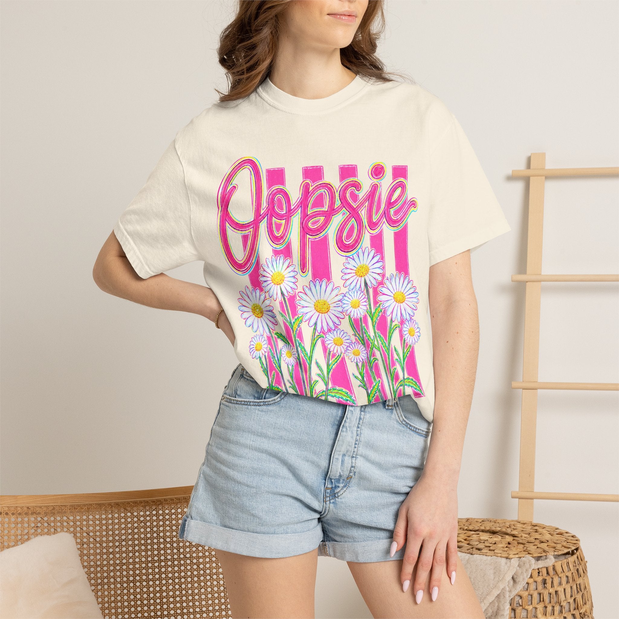 Oopsie Daisy T-Shirt — Retro Pink Stripes & Daisies Graphic Tee
