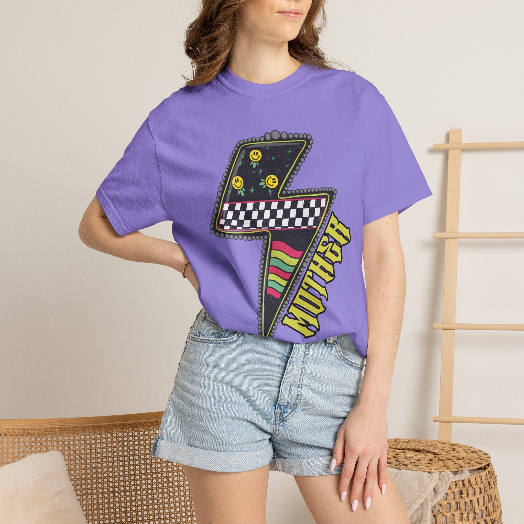 Lightning Bolt Graphic T‑Shirt — Retro Checker & 'Mother' Streetwear Tee