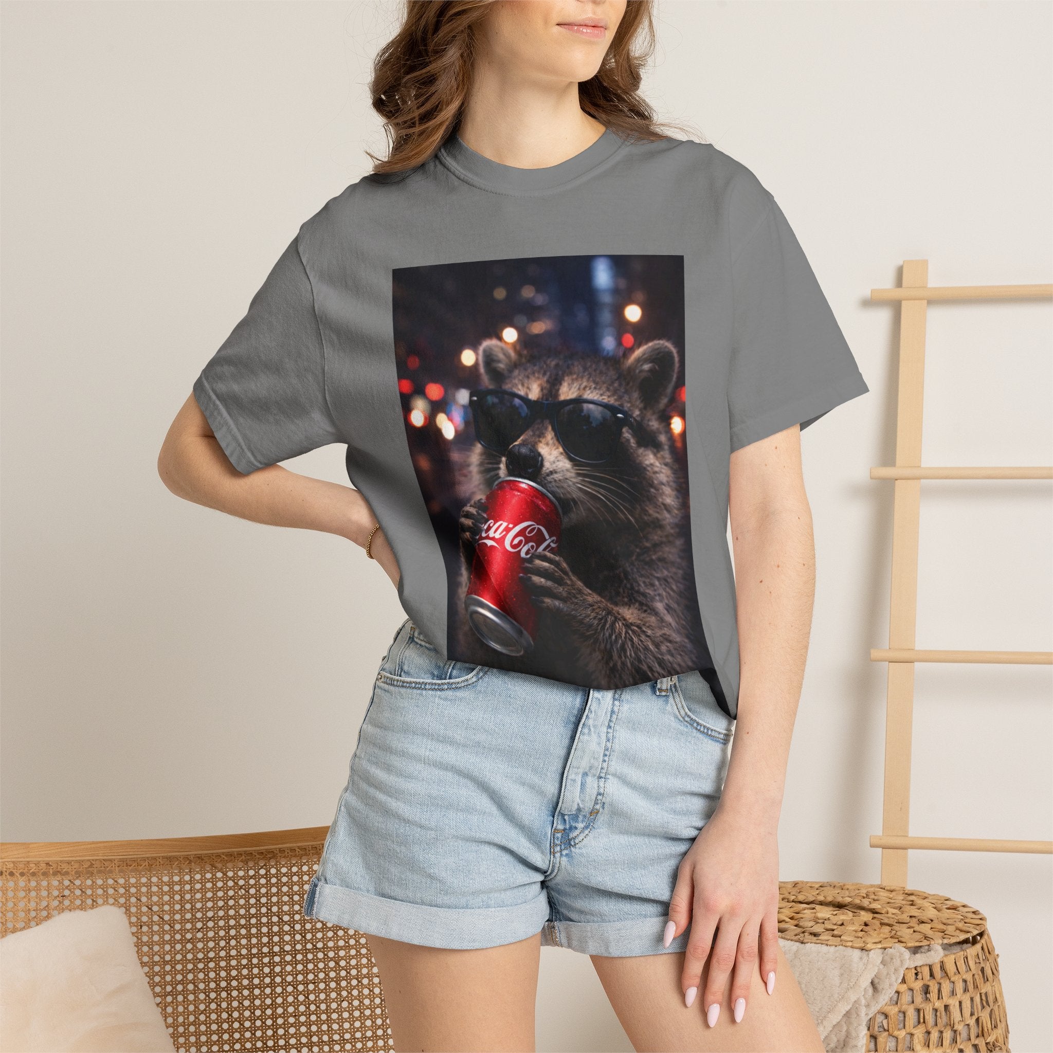 Raccoon Drinking Soda Photo T-Shirt — Funny Urban Wildlife Graphic Tee
