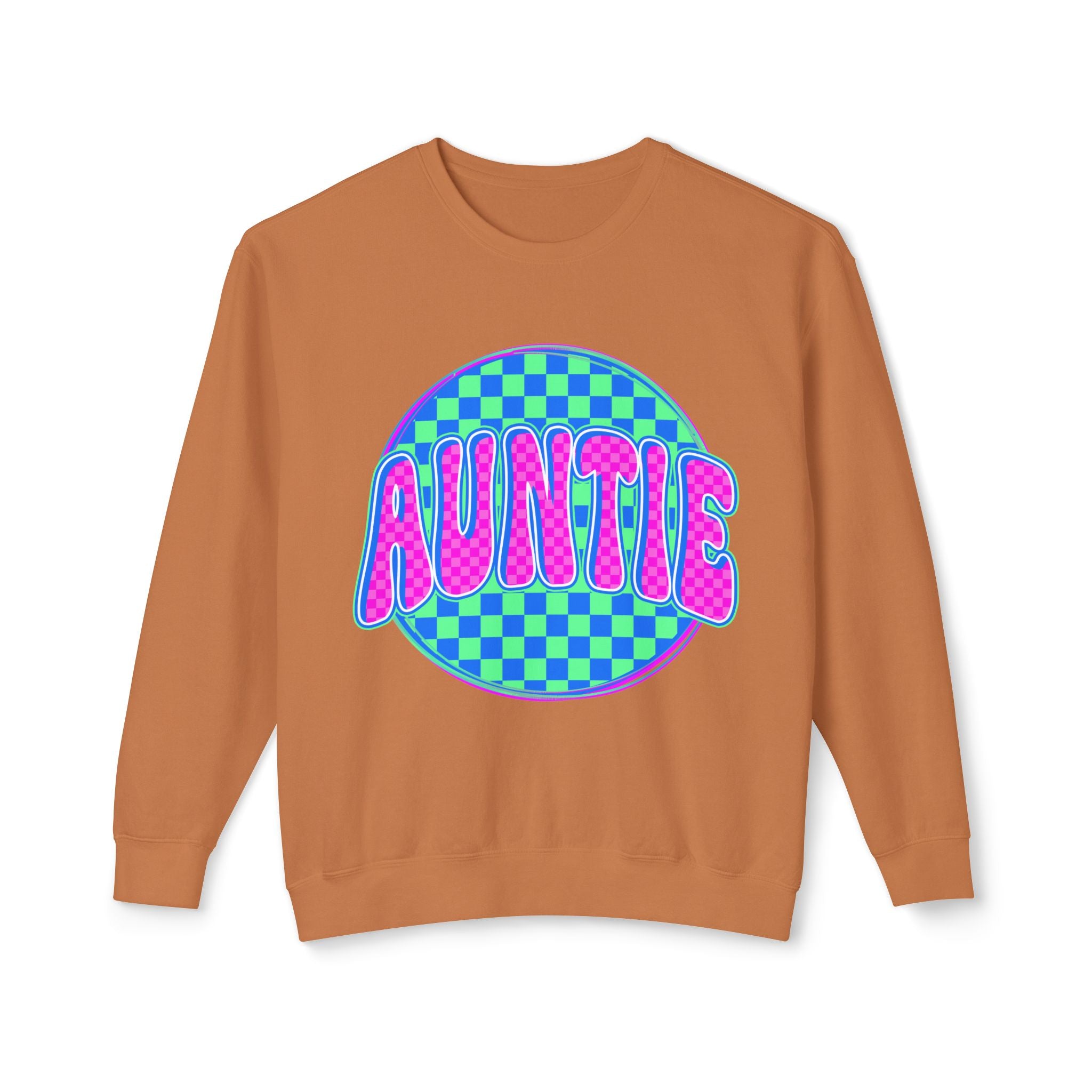 Auntie Graphic Sweatshirt — Retro Checkerboard Neon Design