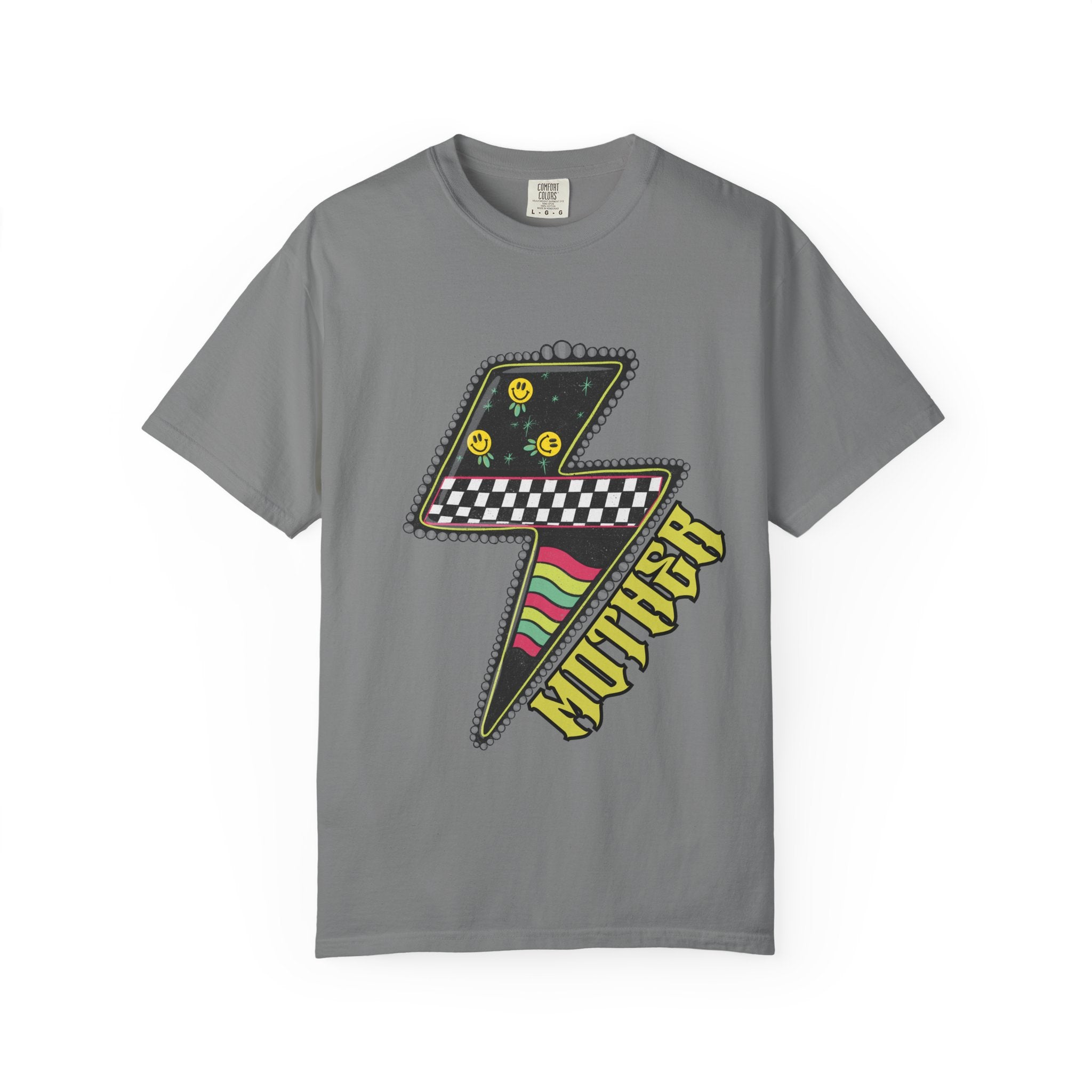 Lightning Bolt Graphic T‑Shirt — Retro Checker & Neon Stripe Design