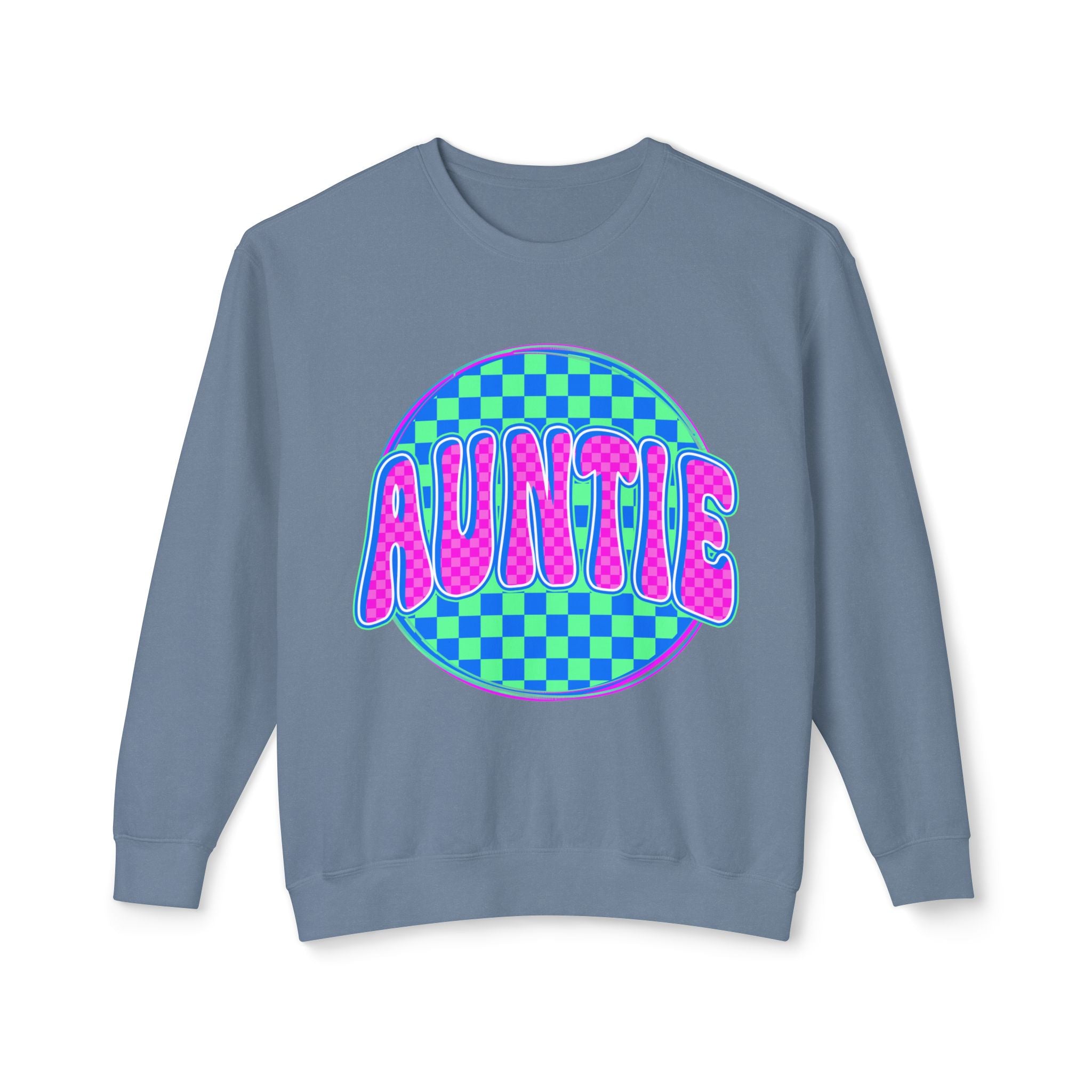 Auntie Graphic Sweatshirt — Retro Checkerboard Neon Design