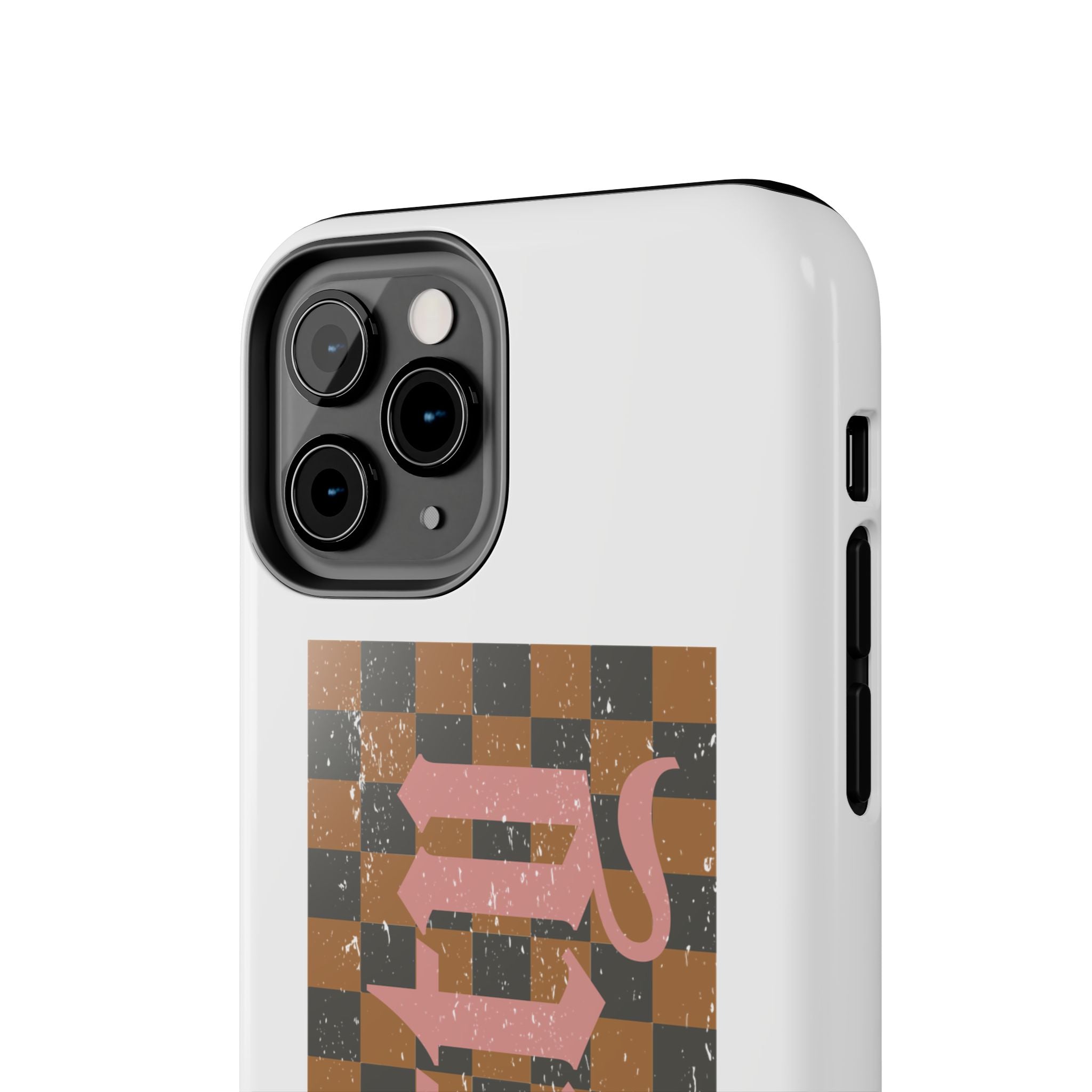 Checkerboard 'Tough' Retro Phone Case — Pink Gothic Text, Grunge Pattern