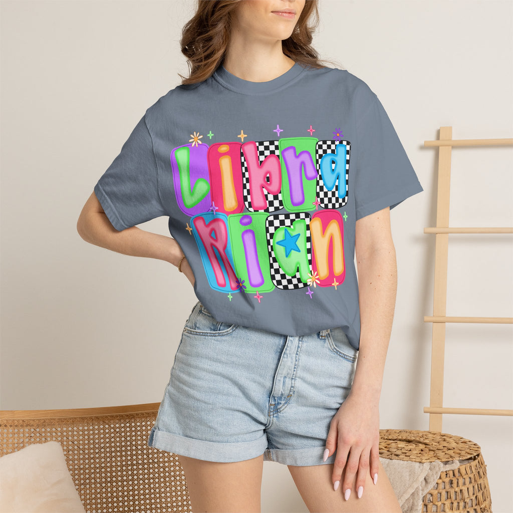 Librarian Retro Bubble Letter T-Shirt — Colorful Checkerboard Book Lover Tee