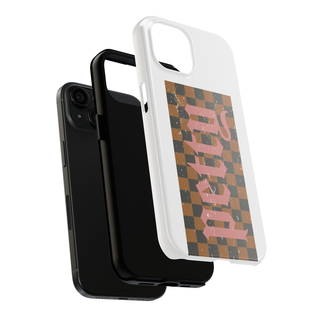 Checkerboard 'Tough' Retro Phone Case — Pink Gothic Text, Grunge Pattern