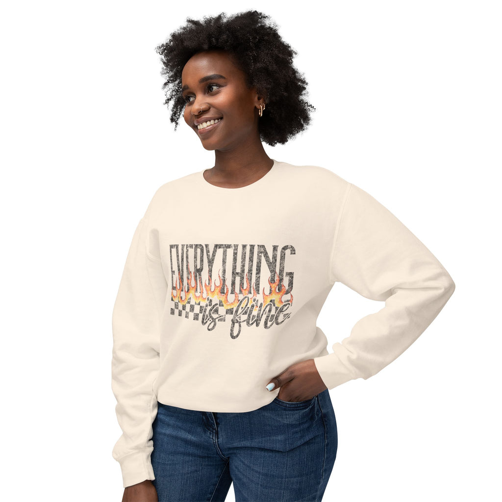 Everything Is Fine Crewneck Sweatshirt — Retro Flames & Checkered Graphic