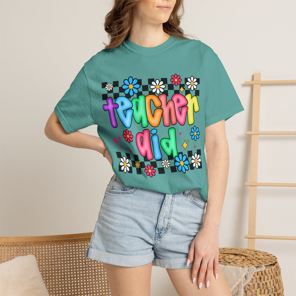 Teacher Aid T-Shirt — Colorful Retro Flower Checkerboard Design