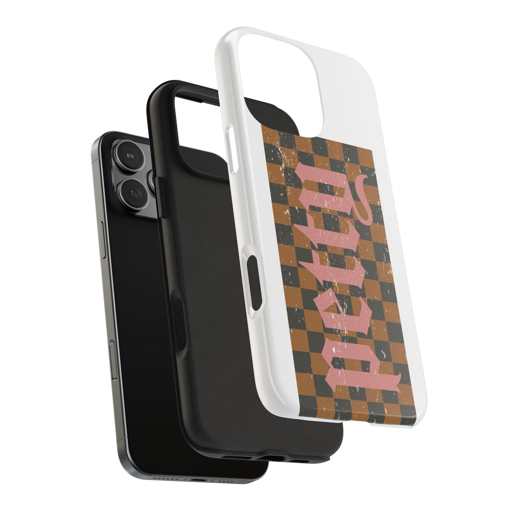 Checkerboard 'Tough' Retro Phone Case — Pink Gothic Text, Grunge Pattern