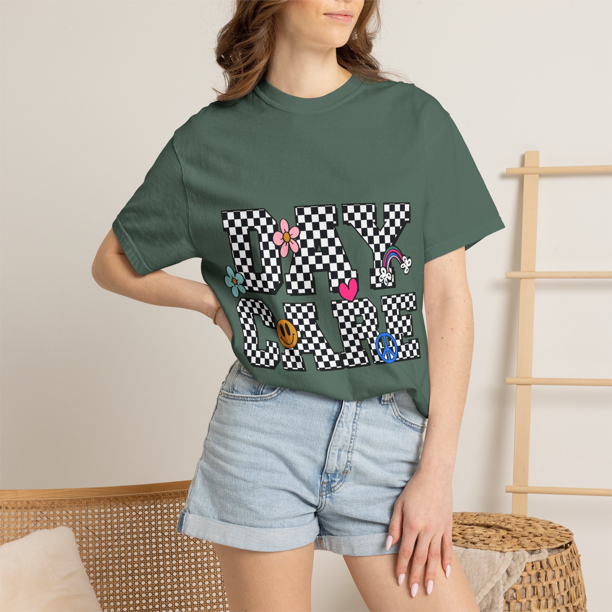Day Care Checkerboard T‑Shirt — Playful Smiley & Floral Kids Graphic Tee
