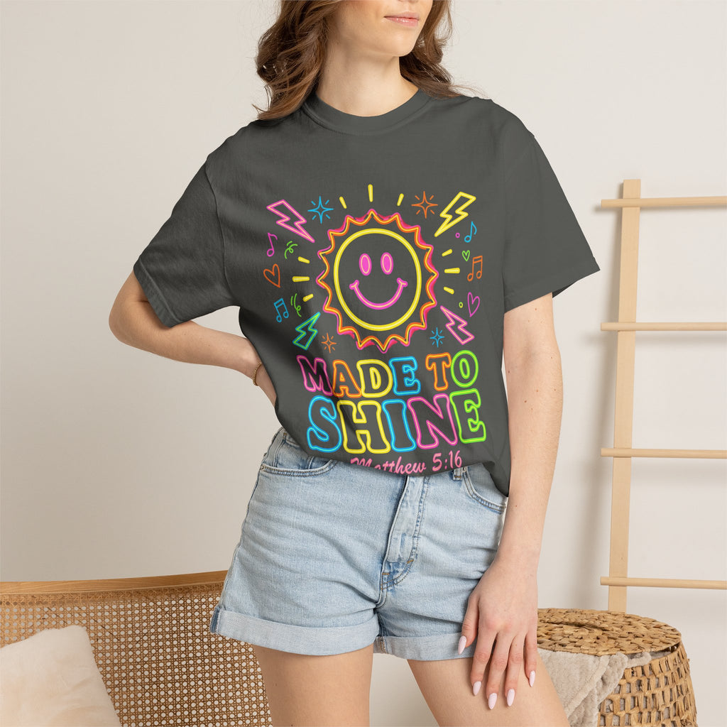 Made to Shine T‑Shirt — Pastel Smiley Sun Christian Graphic (Matthew 5:16)