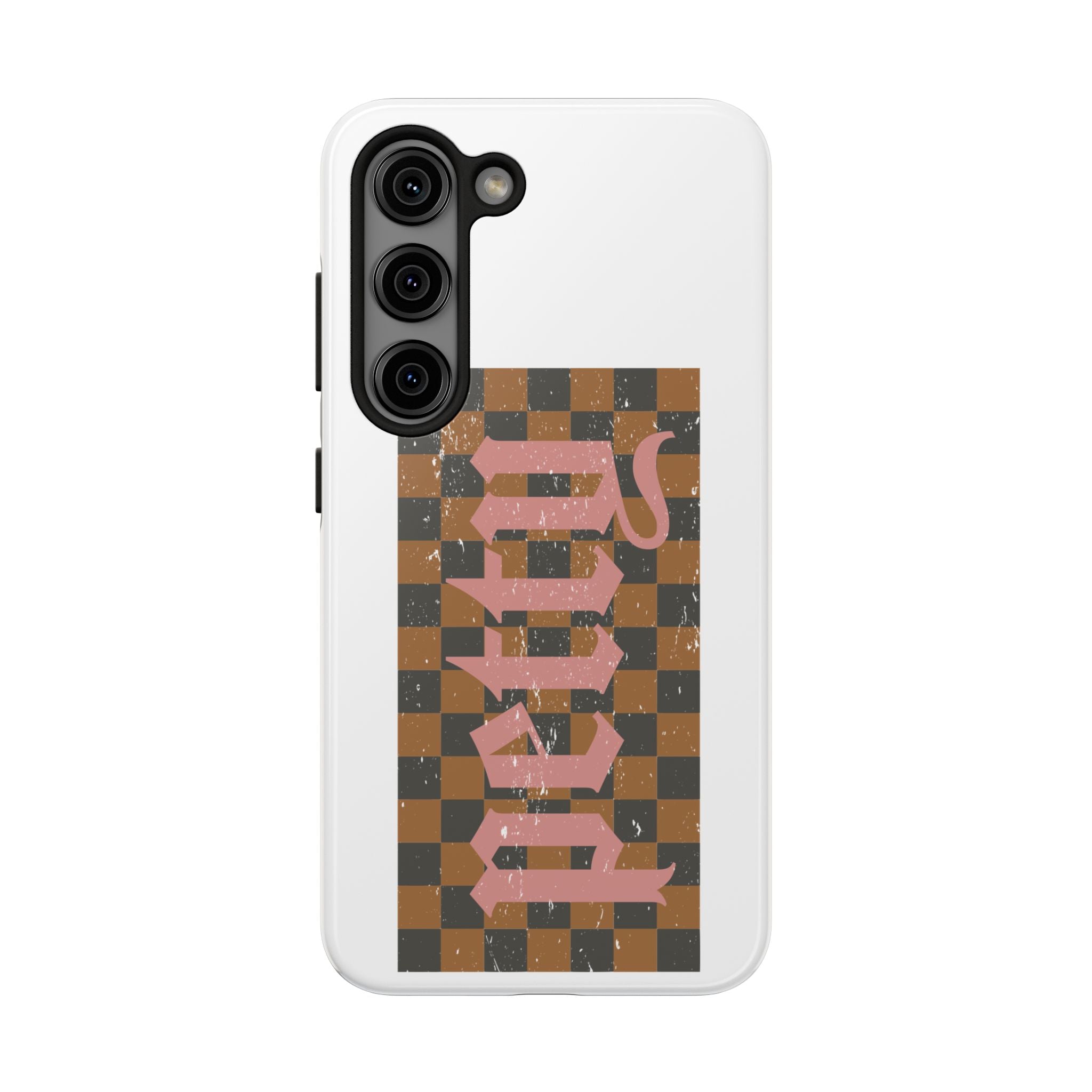 Checkerboard 'Tough' Retro Phone Case — Pink Gothic Text, Grunge Pattern