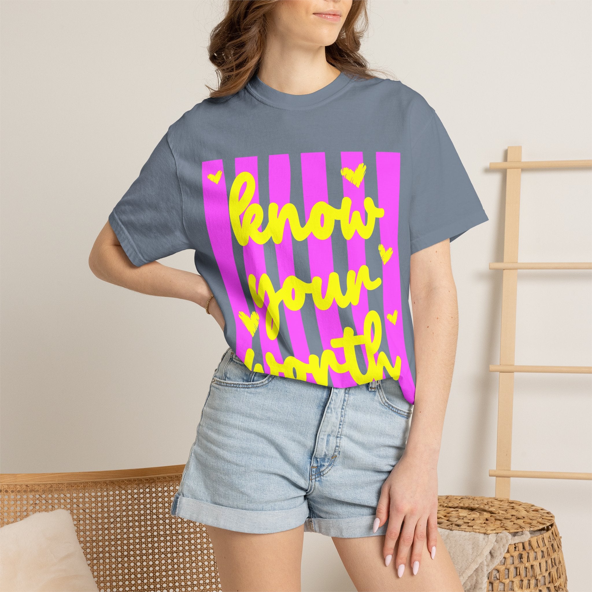 Know Your Worth T-Shirt — Bright Pink Stripe Motivational Tee