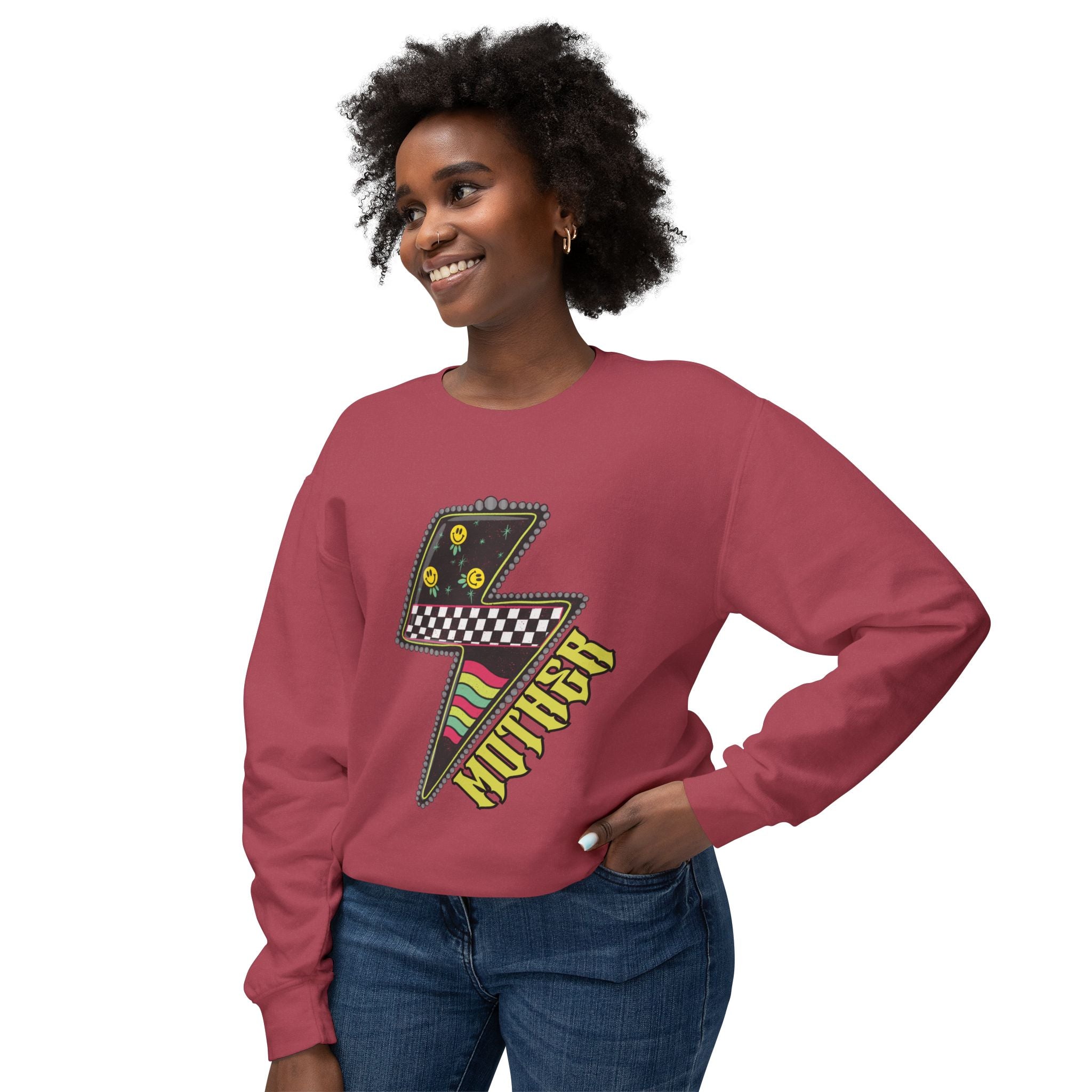 Lightning Bolt Graphic Sweatshirt — Retro Checkered & Neon Pattern Crewneck