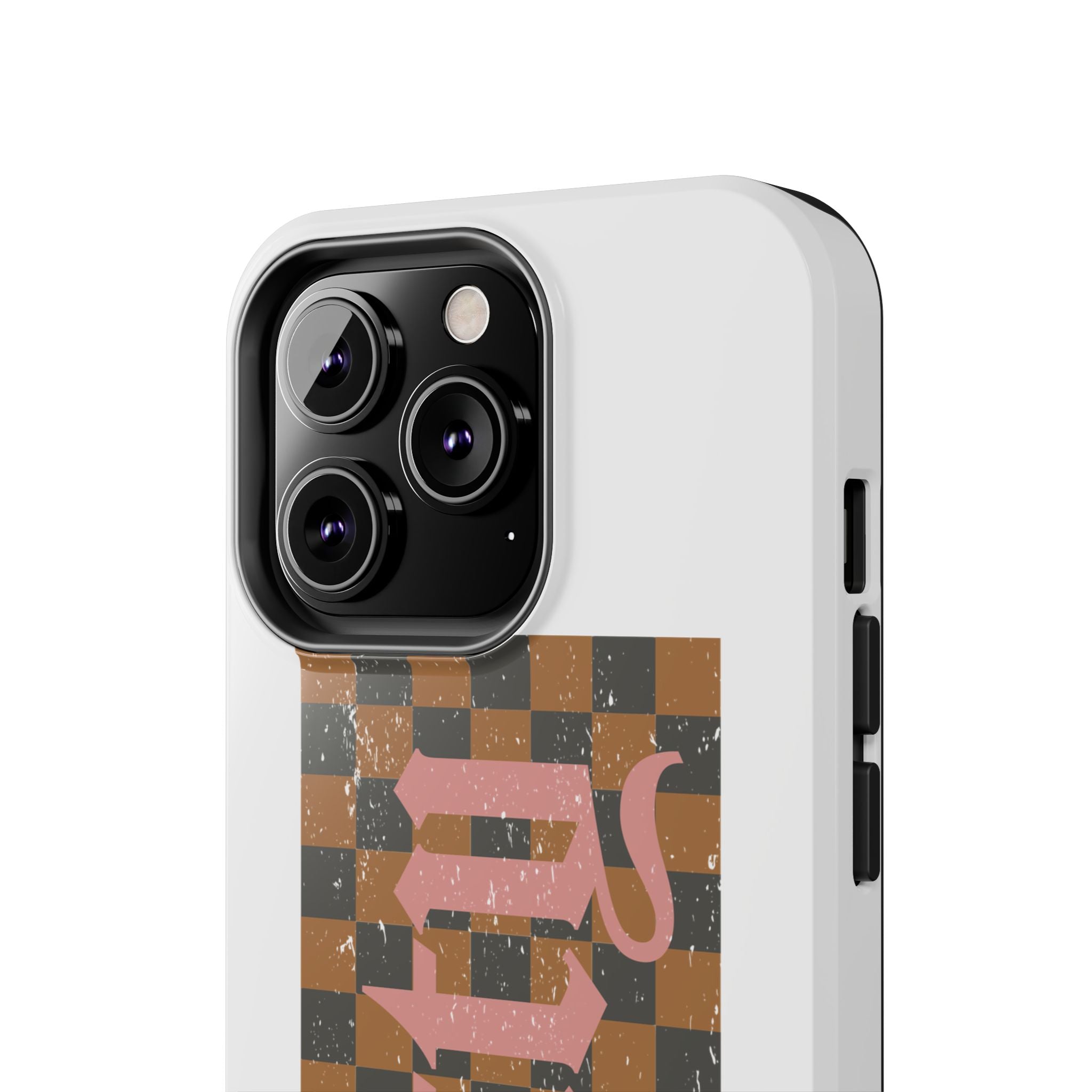 Checkerboard 'Tough' Retro Phone Case — Pink Gothic Text, Grunge Pattern