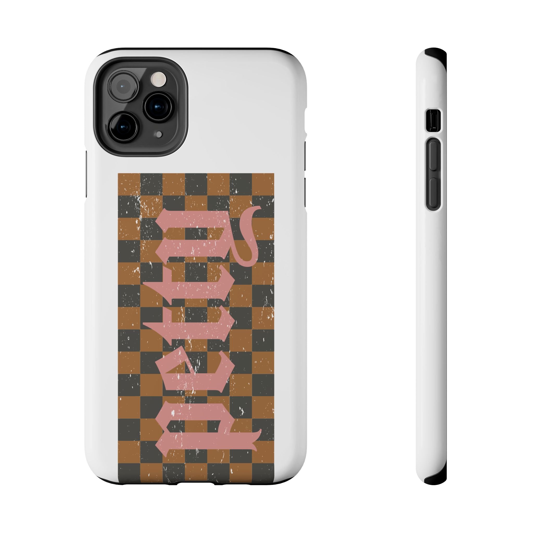 Checkerboard 'Tough' Retro Phone Case — Pink Gothic Text, Grunge Pattern
