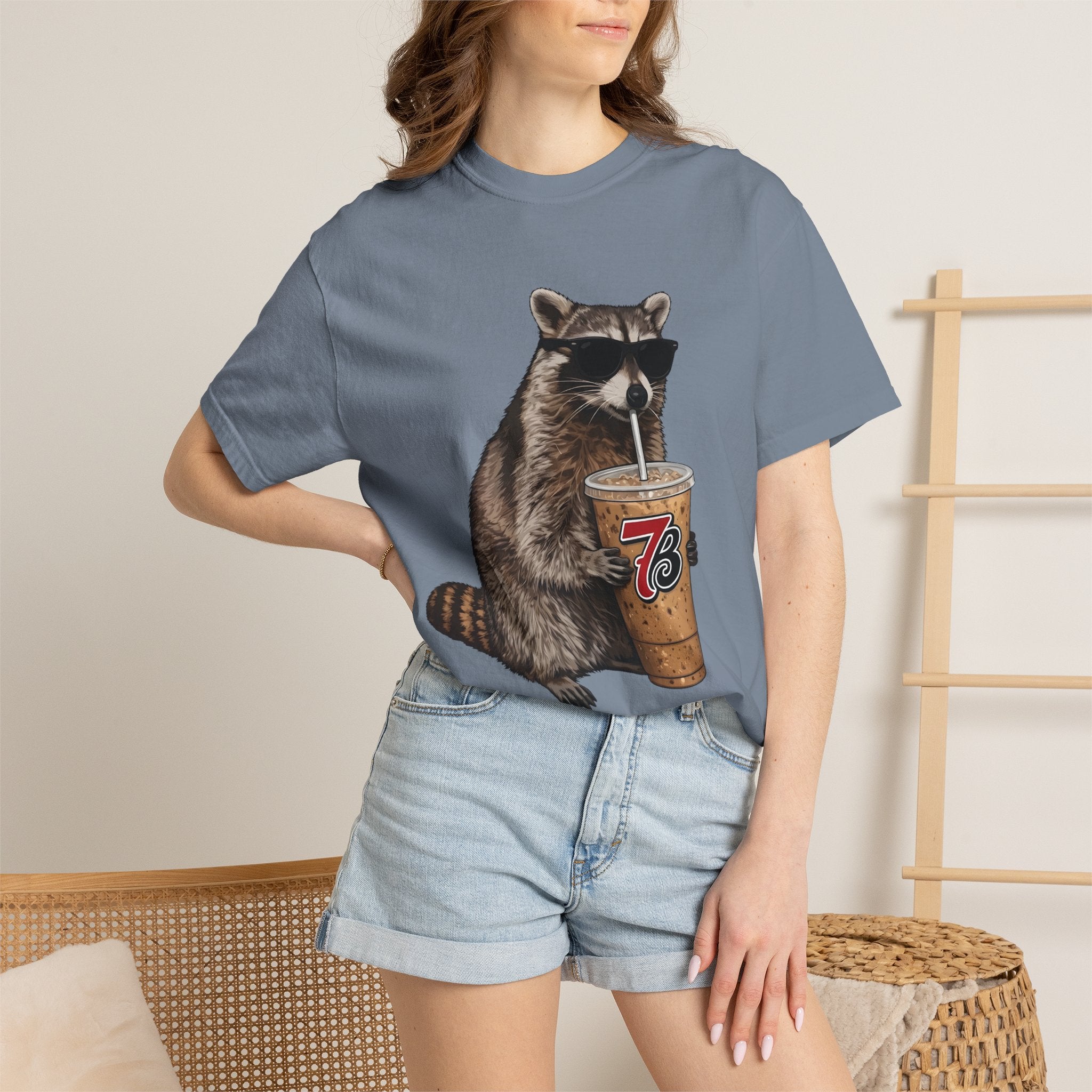 Raccoon Iced Coffee T-Shirt — Cute Raccoon Drinking 76oz Iced Coffee Graphic Tee