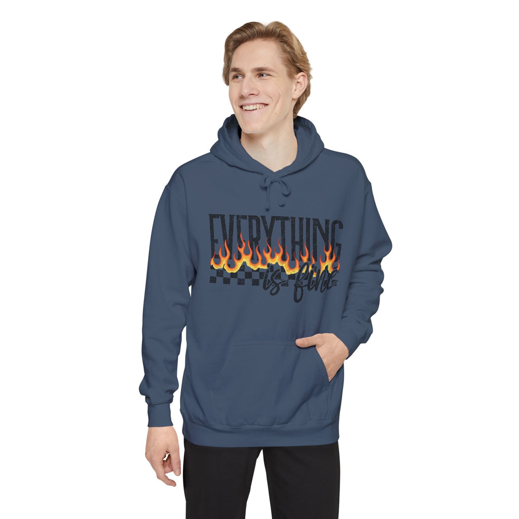 Everything Is Fine Hoodie — Retro Flame Checkerboard Graphic Pullover