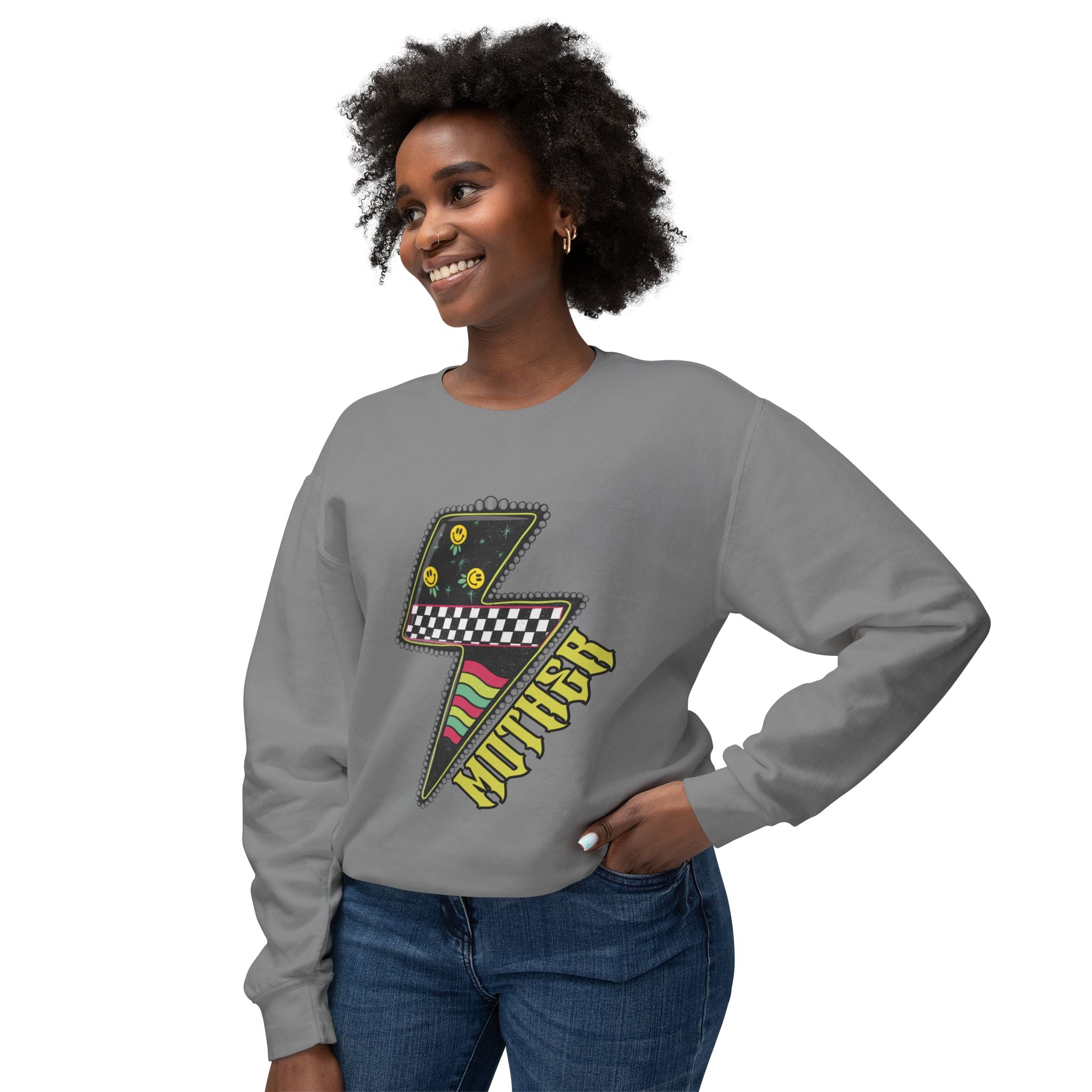 Lightning Bolt Graphic Sweatshirt — Retro Checkered & Neon Pattern Crewneck