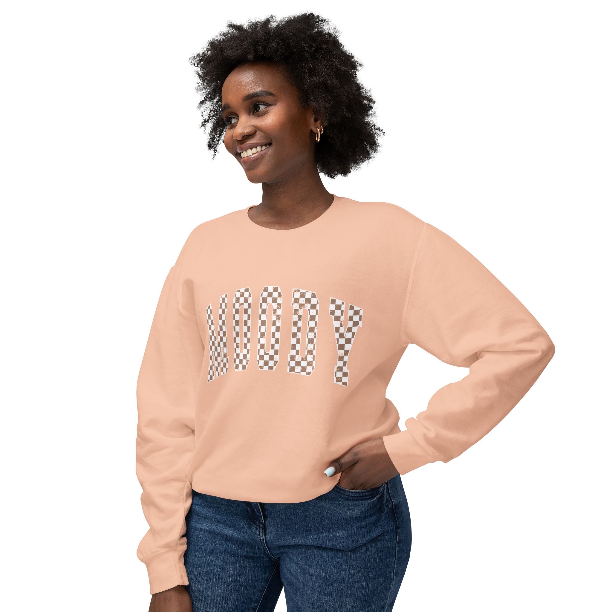 Woody Checkerboard Crewneck Sweatshirt — Peach Graphic Pullover
