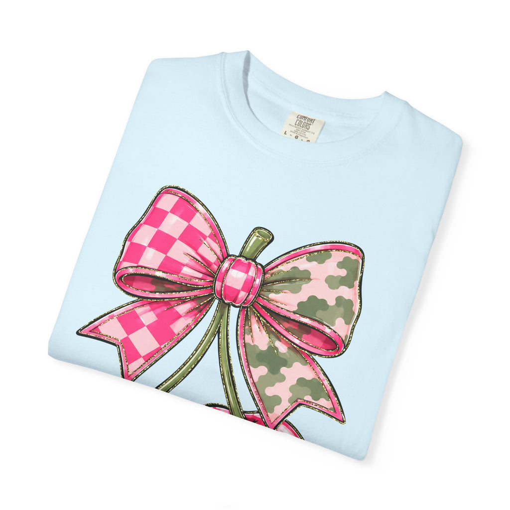 Pink Camo Checker Cherry Tee — Bow Graphic T-Shirt