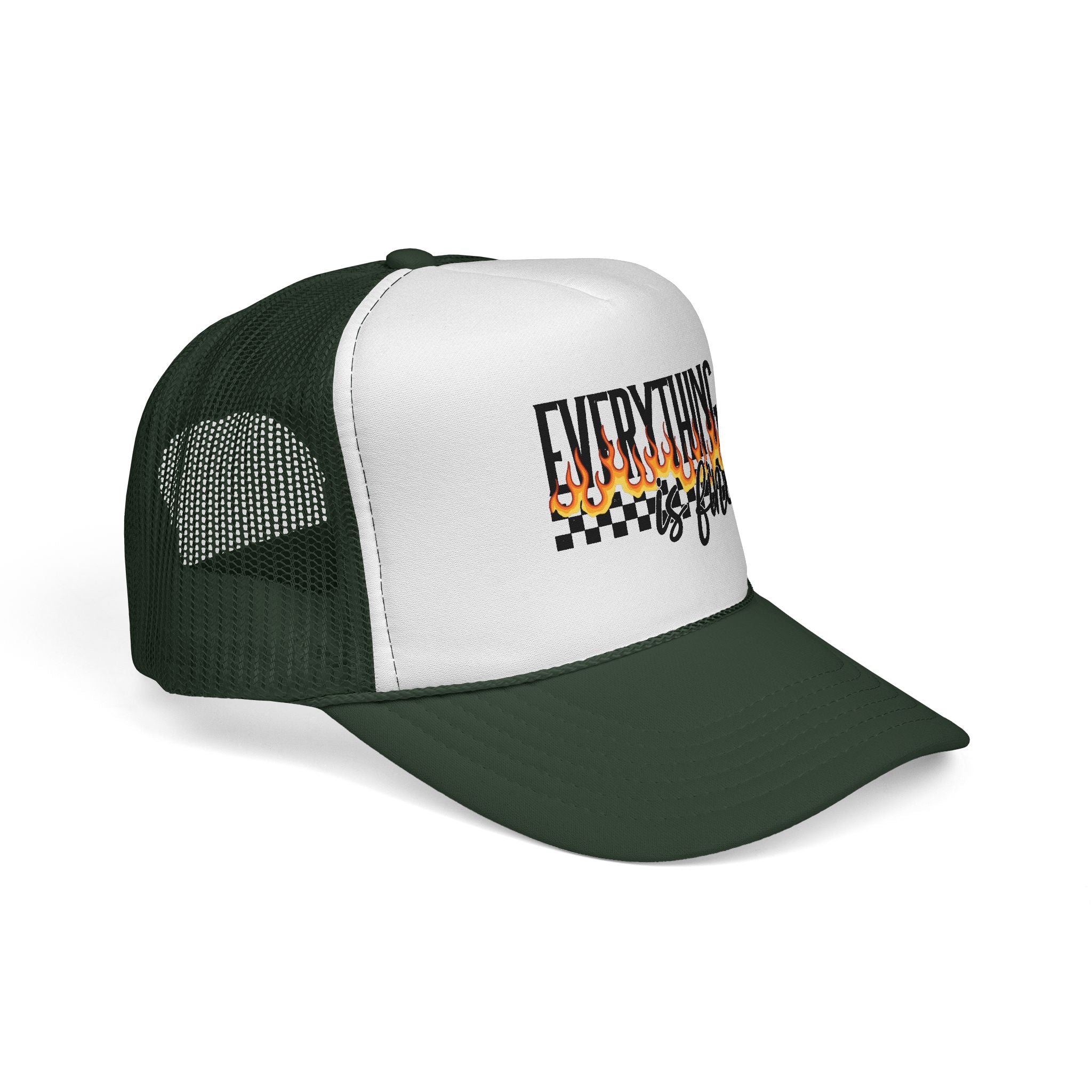 Everything Is Fine Trucker Cap — Retro Flames & Checkerboard Snapback