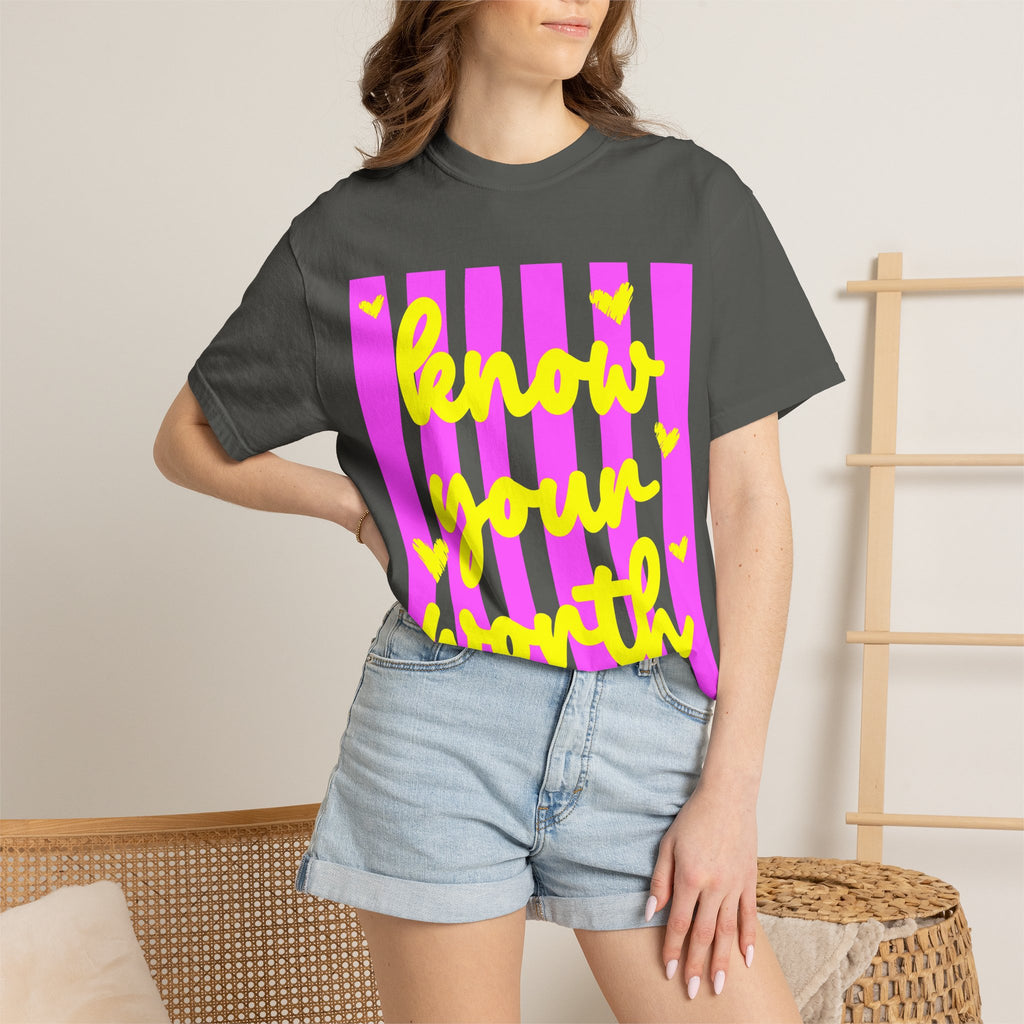 Know Your Worth T-Shirt — Bright Pink Stripe Motivational Tee