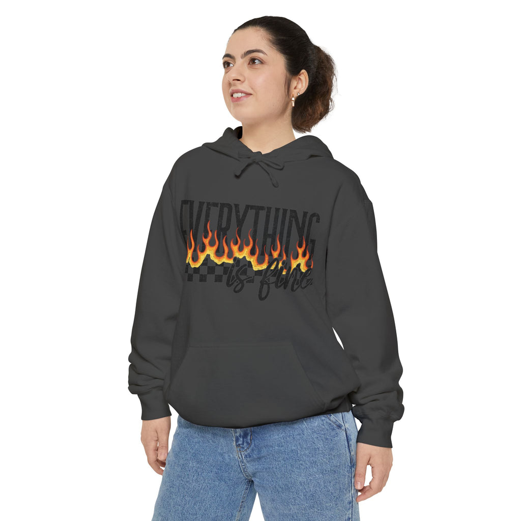 Everything Is Fine Hoodie — Retro Flame Checkerboard Graphic Pullover
