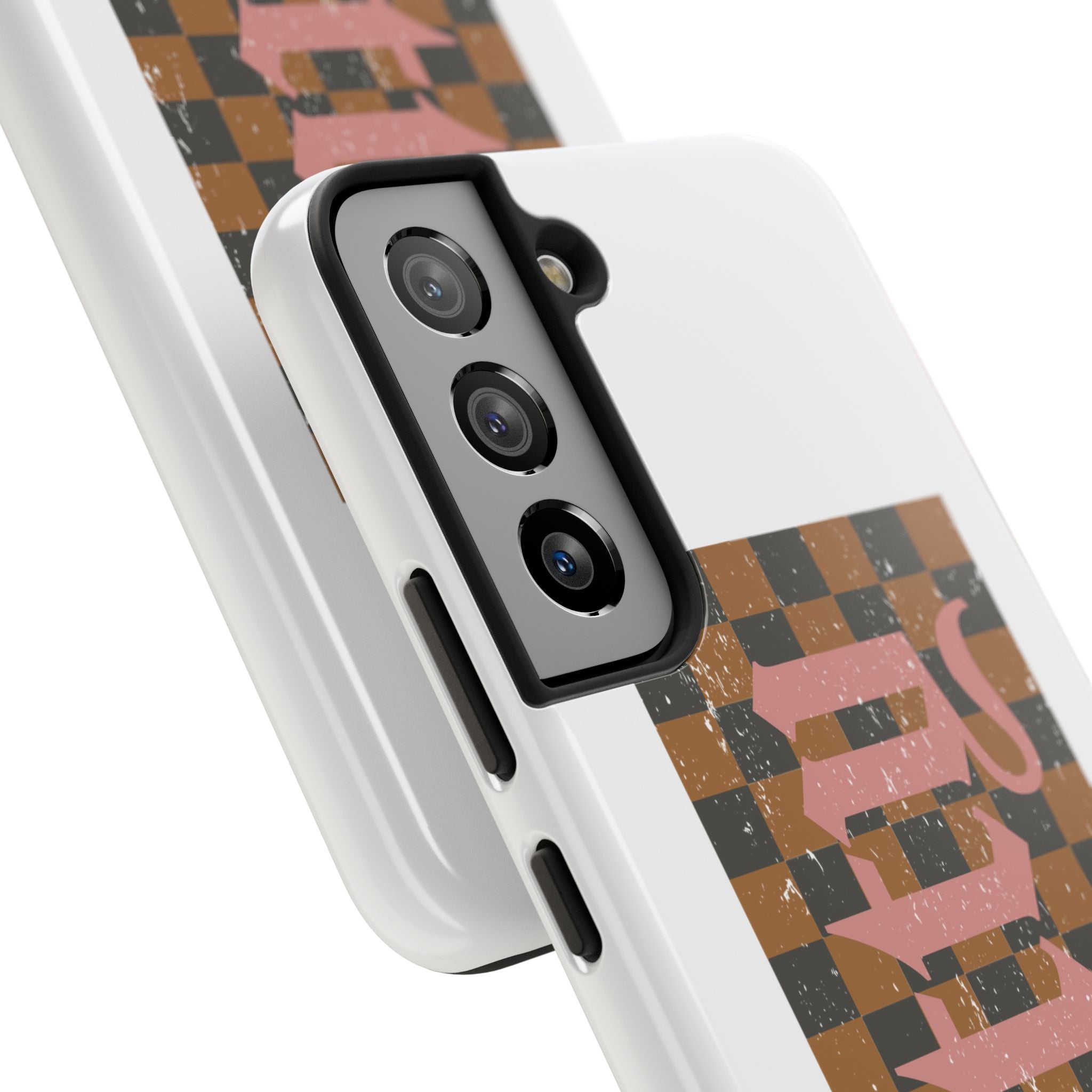 Checkerboard 'Tough' Retro Phone Case — Pink Gothic Text, Grunge Pattern
