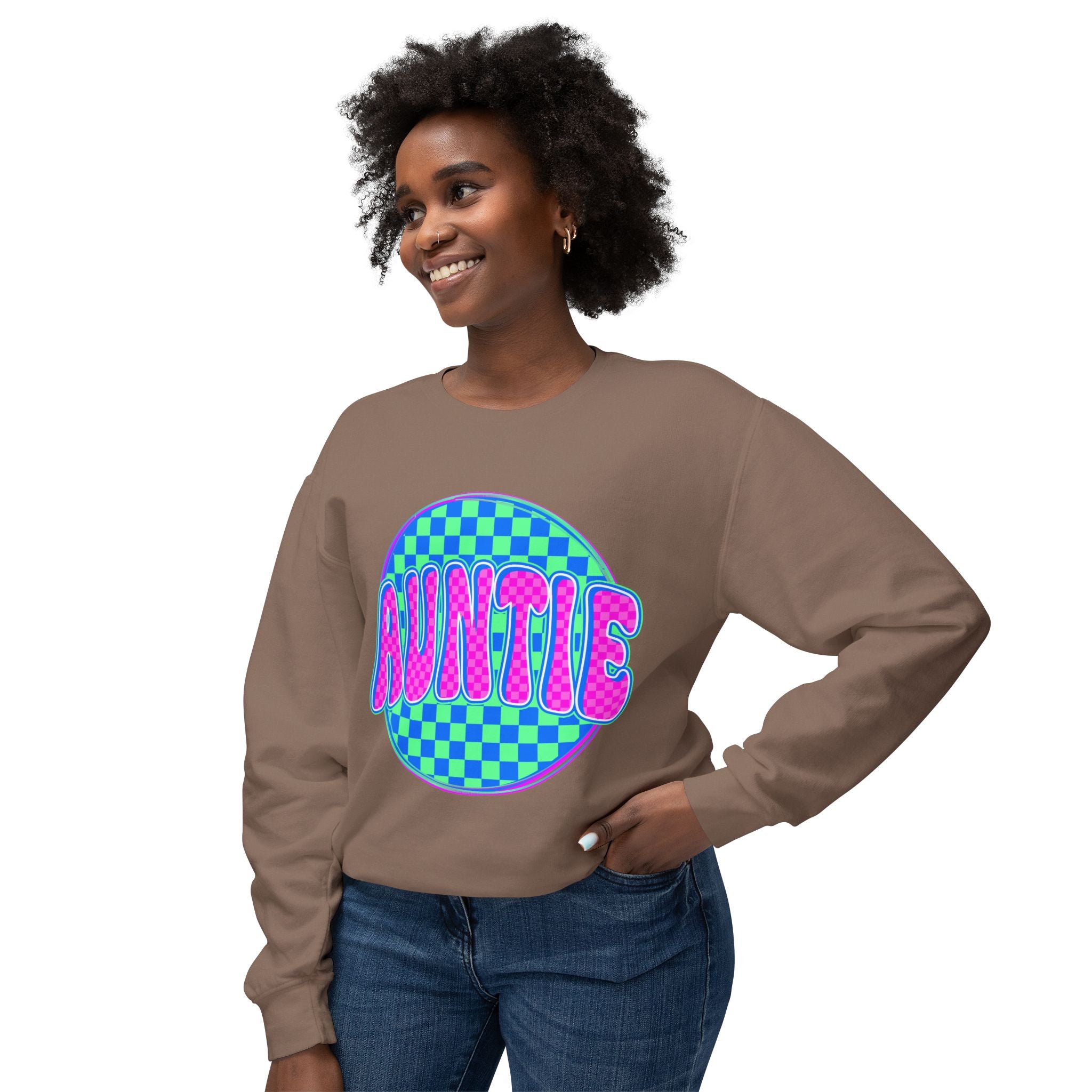 Auntie Graphic Sweatshirt — Retro Checkerboard Neon Design