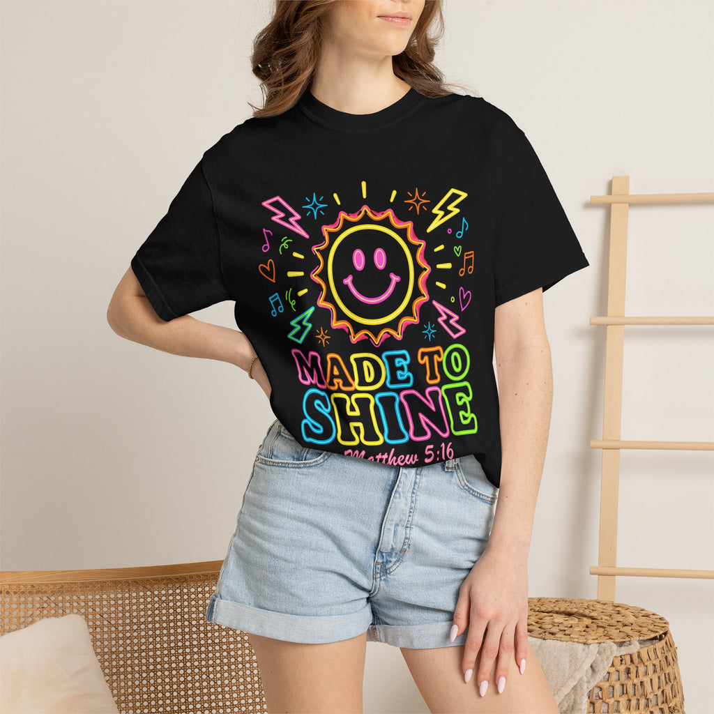 Made to Shine T‑Shirt — Pastel Smiley Sun Christian Graphic (Matthew 5:16)