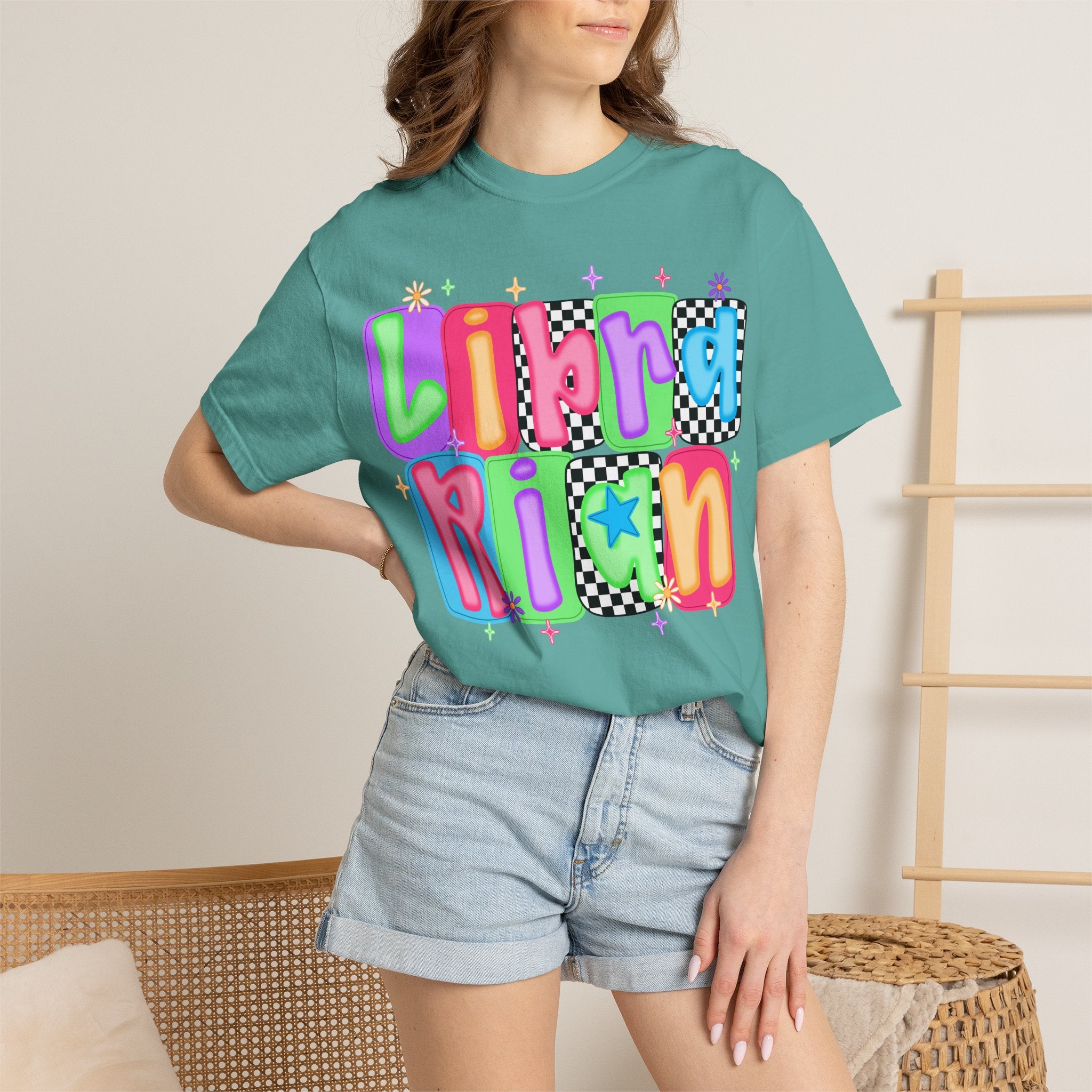Librarian Retro Bubble Letter T-Shirt — Colorful Checkerboard Book Lover Tee