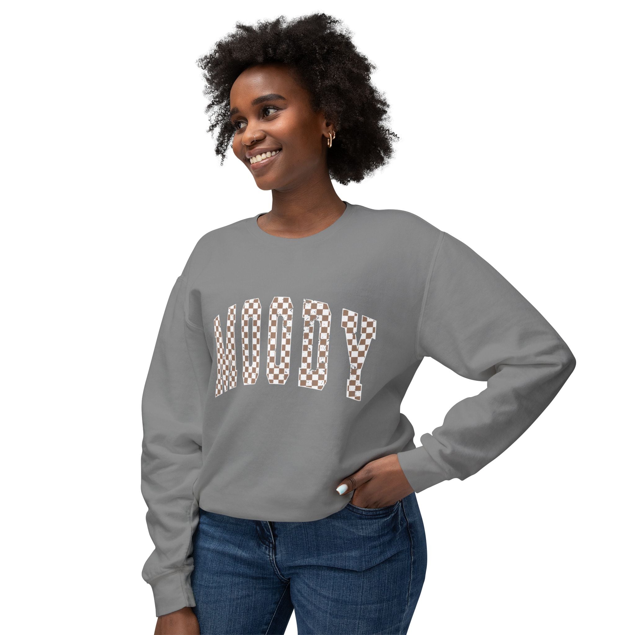 Woody Checkerboard Crewneck Sweatshirt — Peach Graphic Pullover