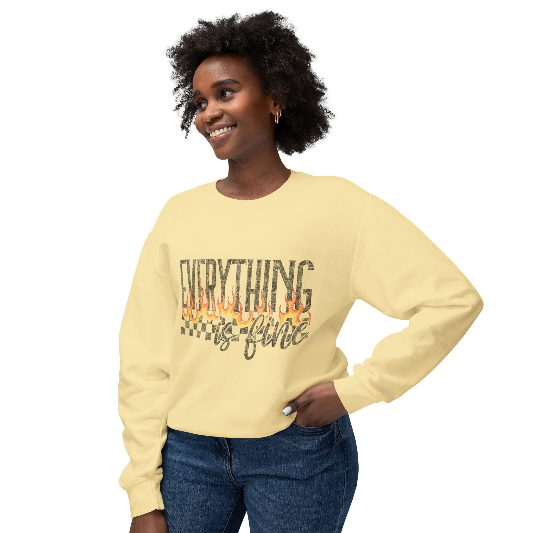 Everything Is Fine Crewneck Sweatshirt — Retro Flames & Checkered Graphic