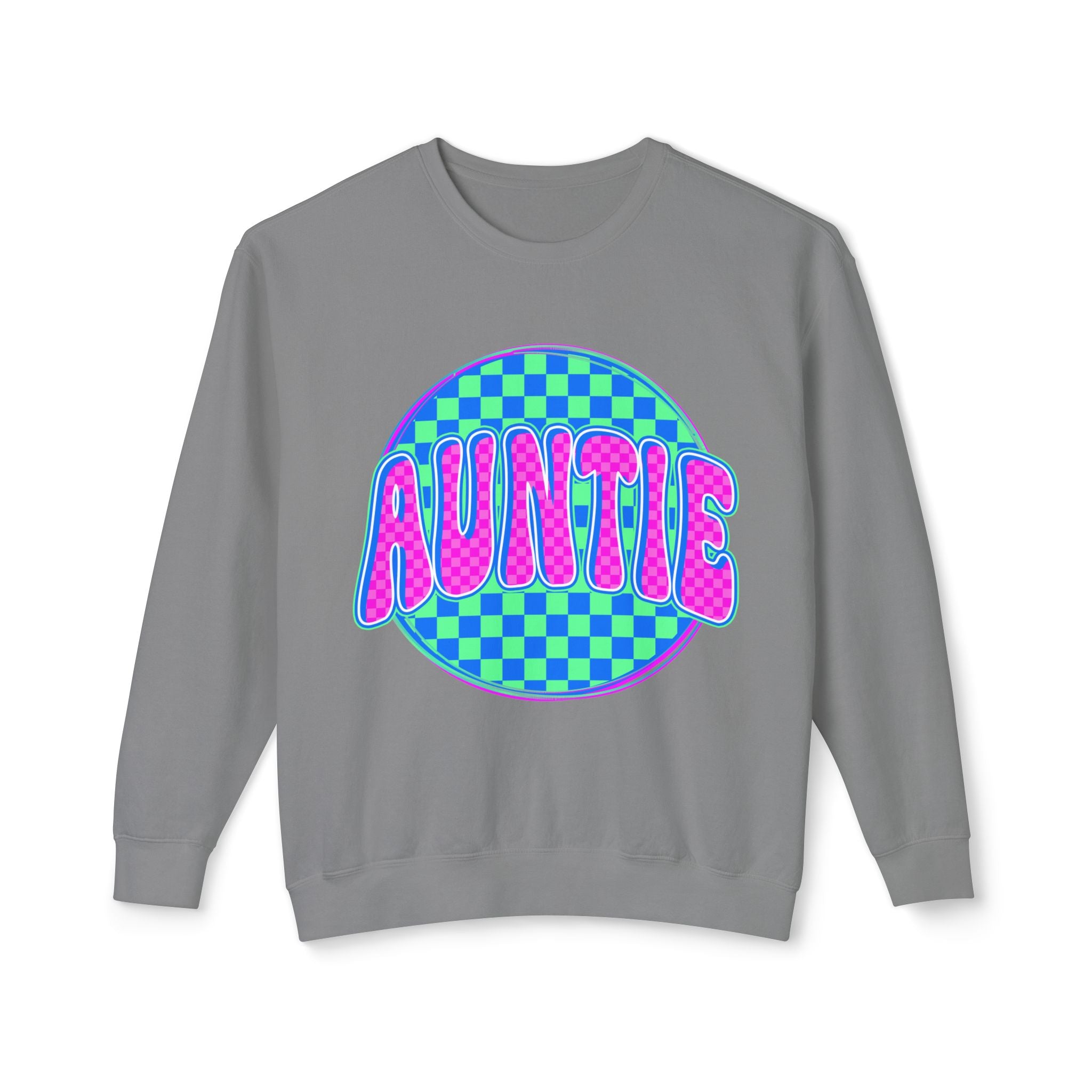 Auntie Graphic Sweatshirt — Retro Checkerboard Neon Design