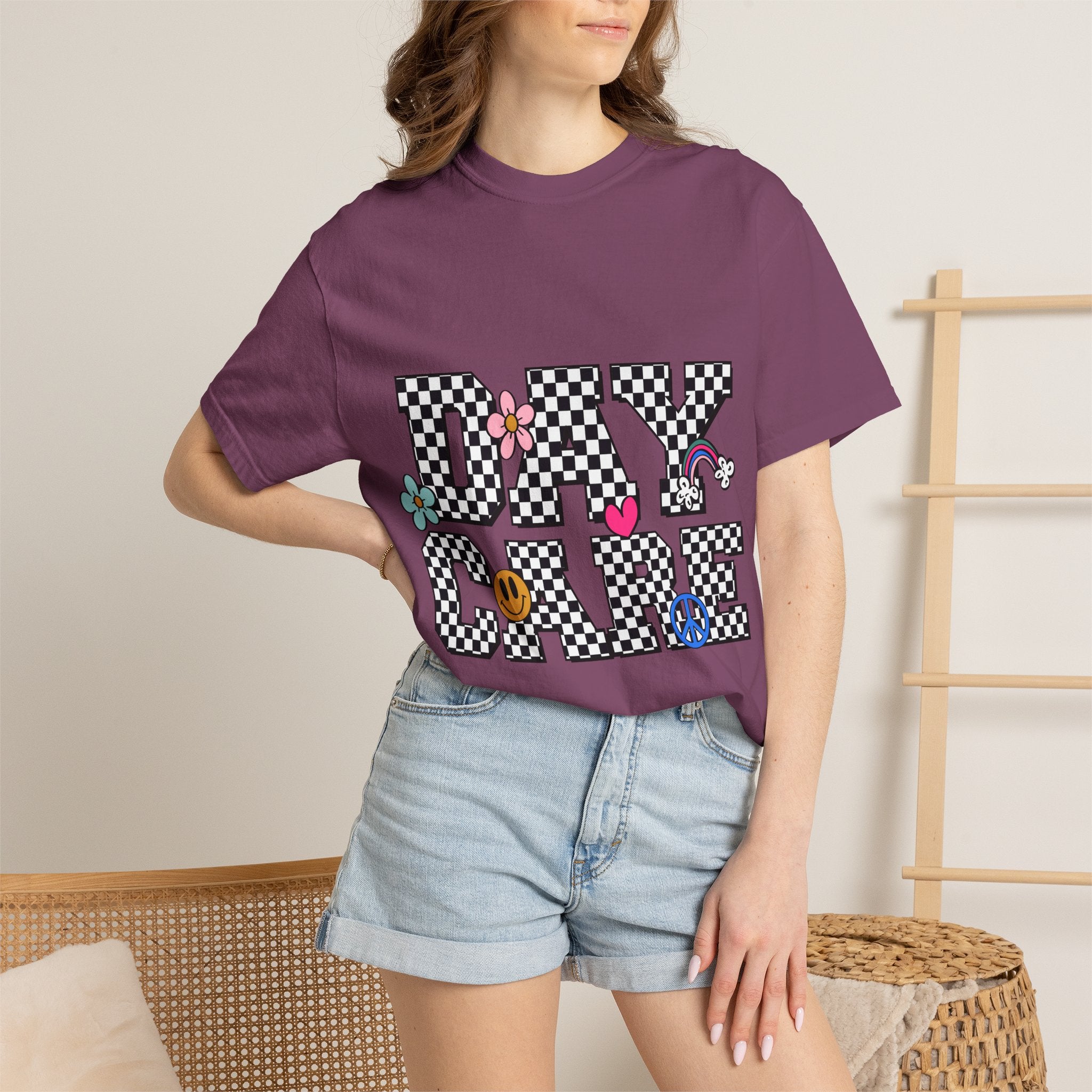 Day Care Checkerboard T‑Shirt — Playful Smiley & Floral Kids Graphic Tee
