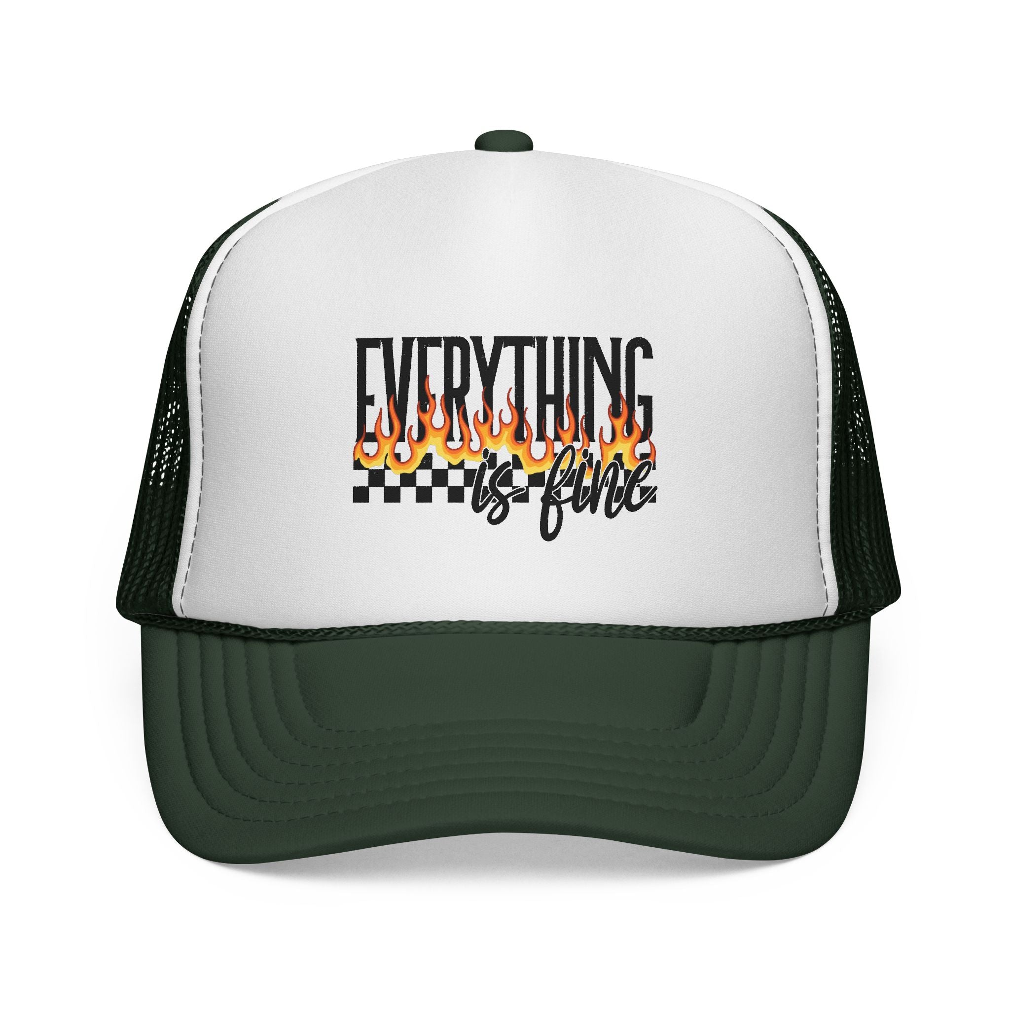 Everything Is Fine Trucker Cap — Retro Flames & Checkerboard Snapback